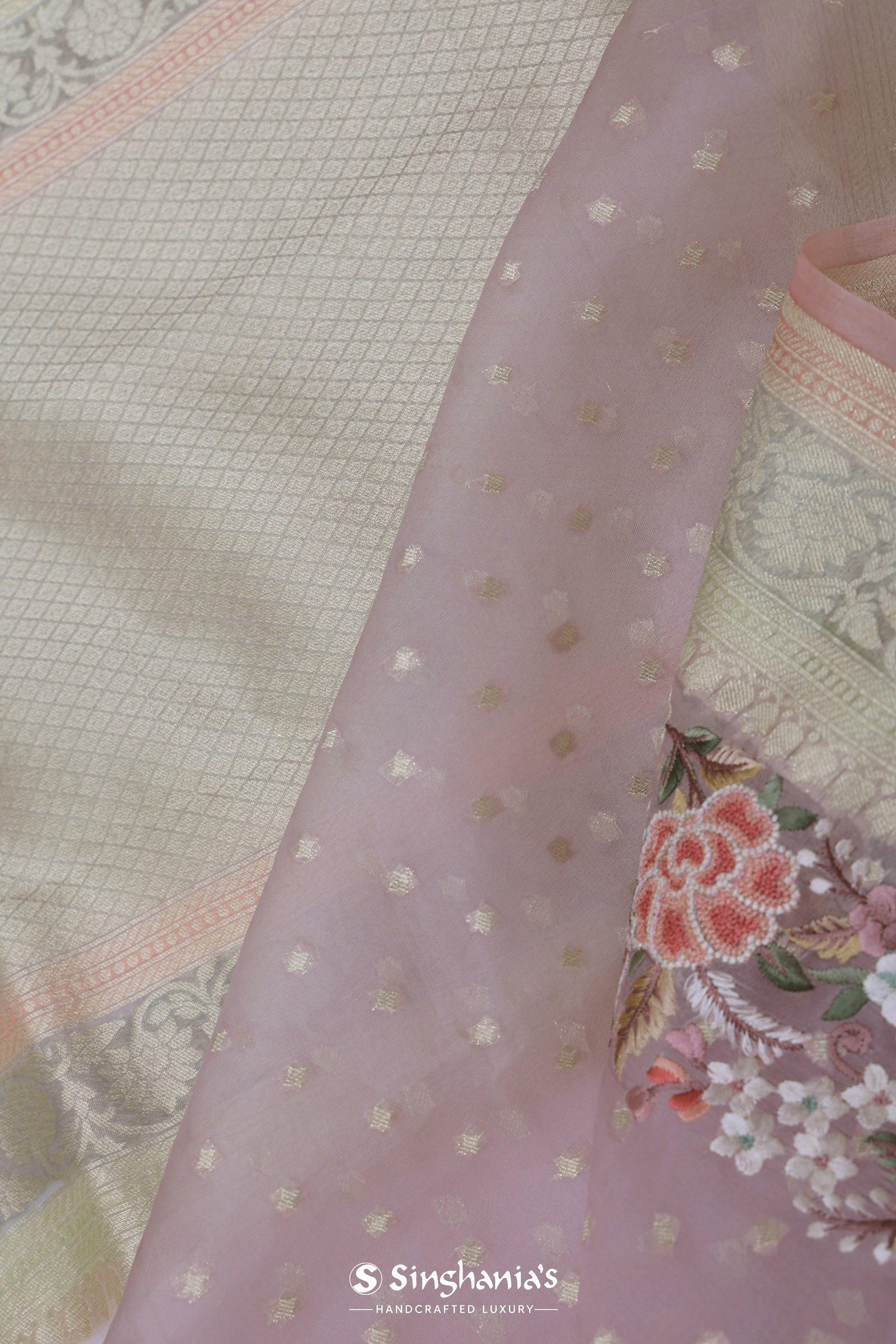 Soft Lemonade Pink Organza Embroidery Saree With Banarasi Border