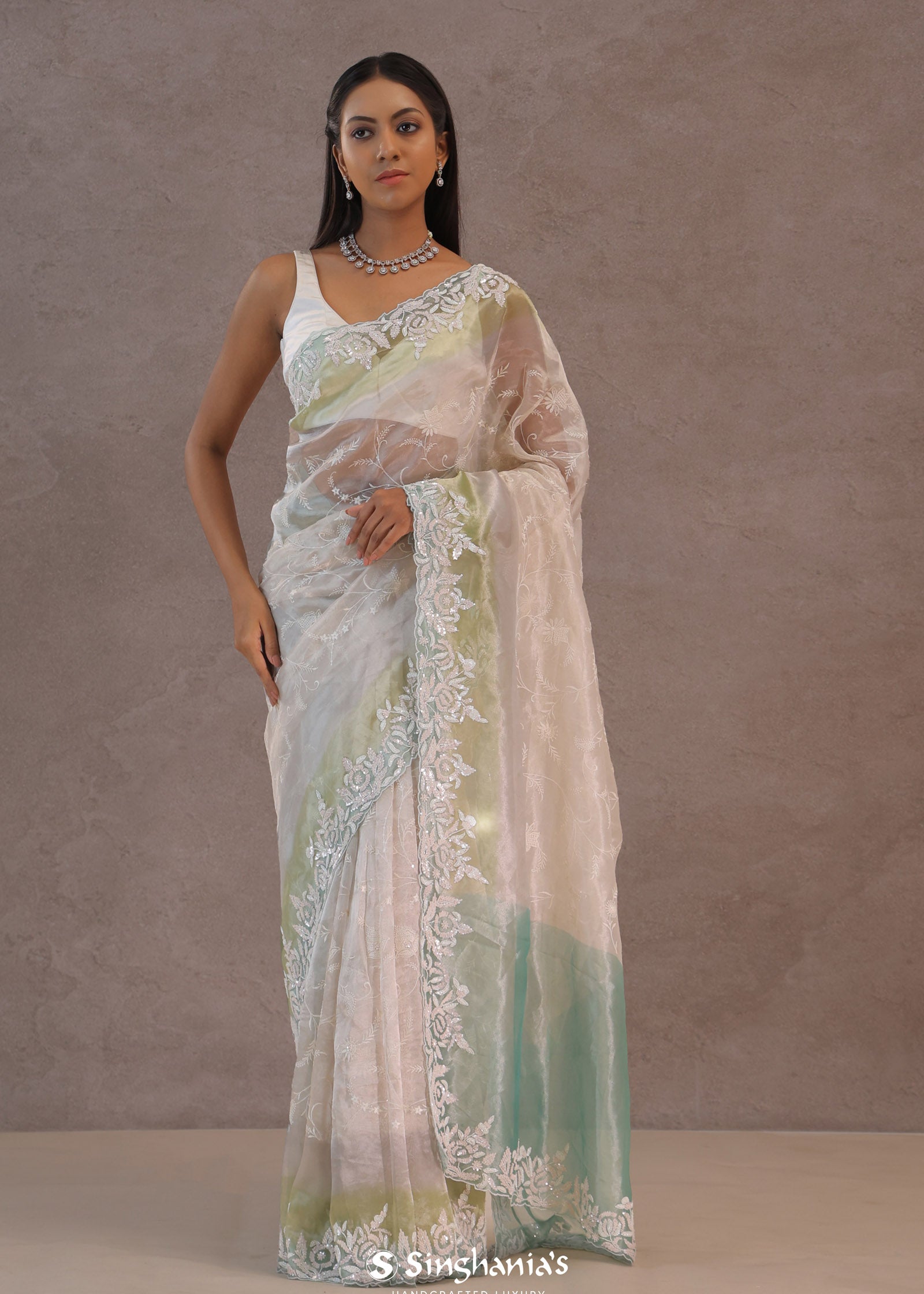 White Organza Embroidery Saree With Designer Border