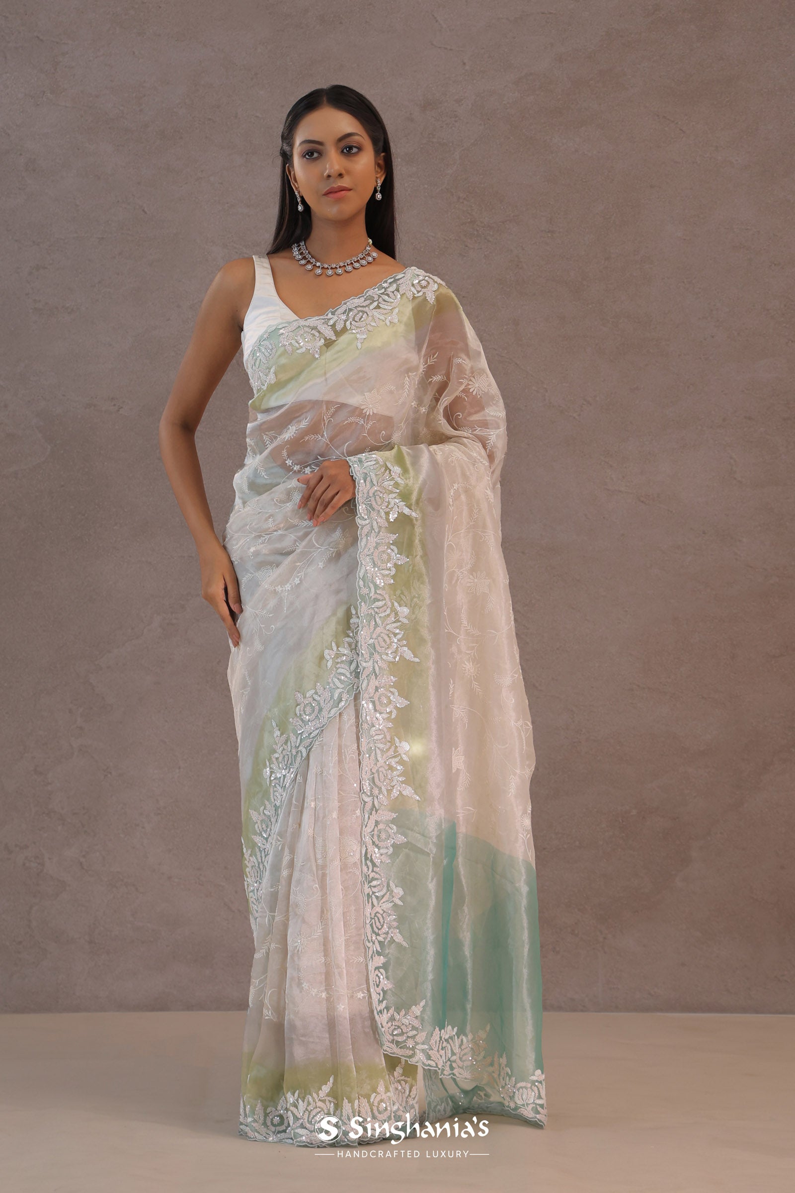 White Organza Embroidery Saree With Designer Border