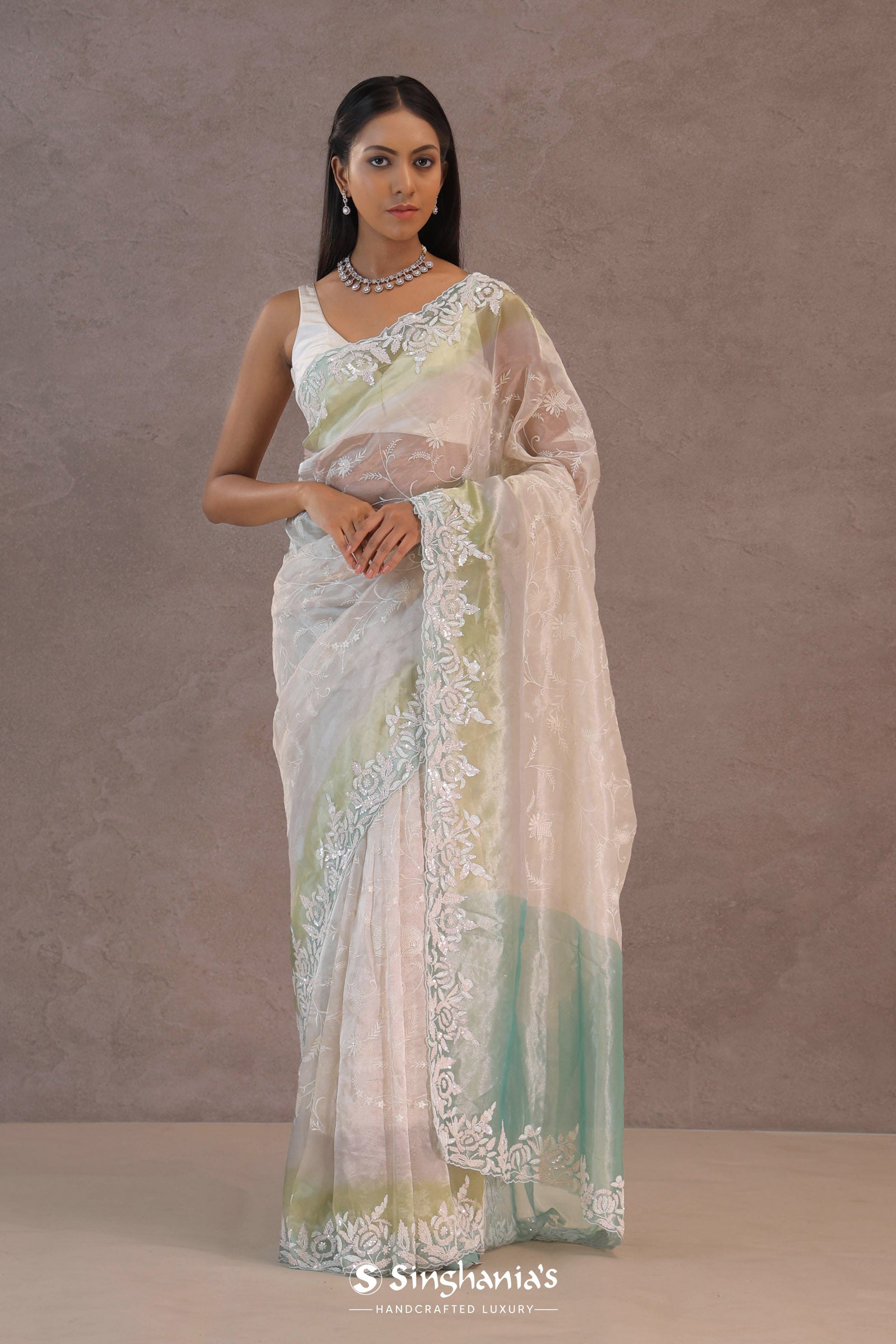 White Organza Embroidery Saree With Designer Border