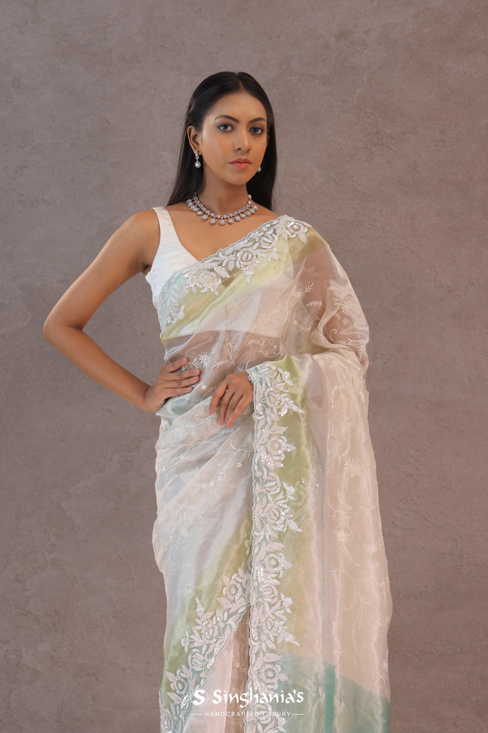 White Organza Embroidery Saree With Designer Border