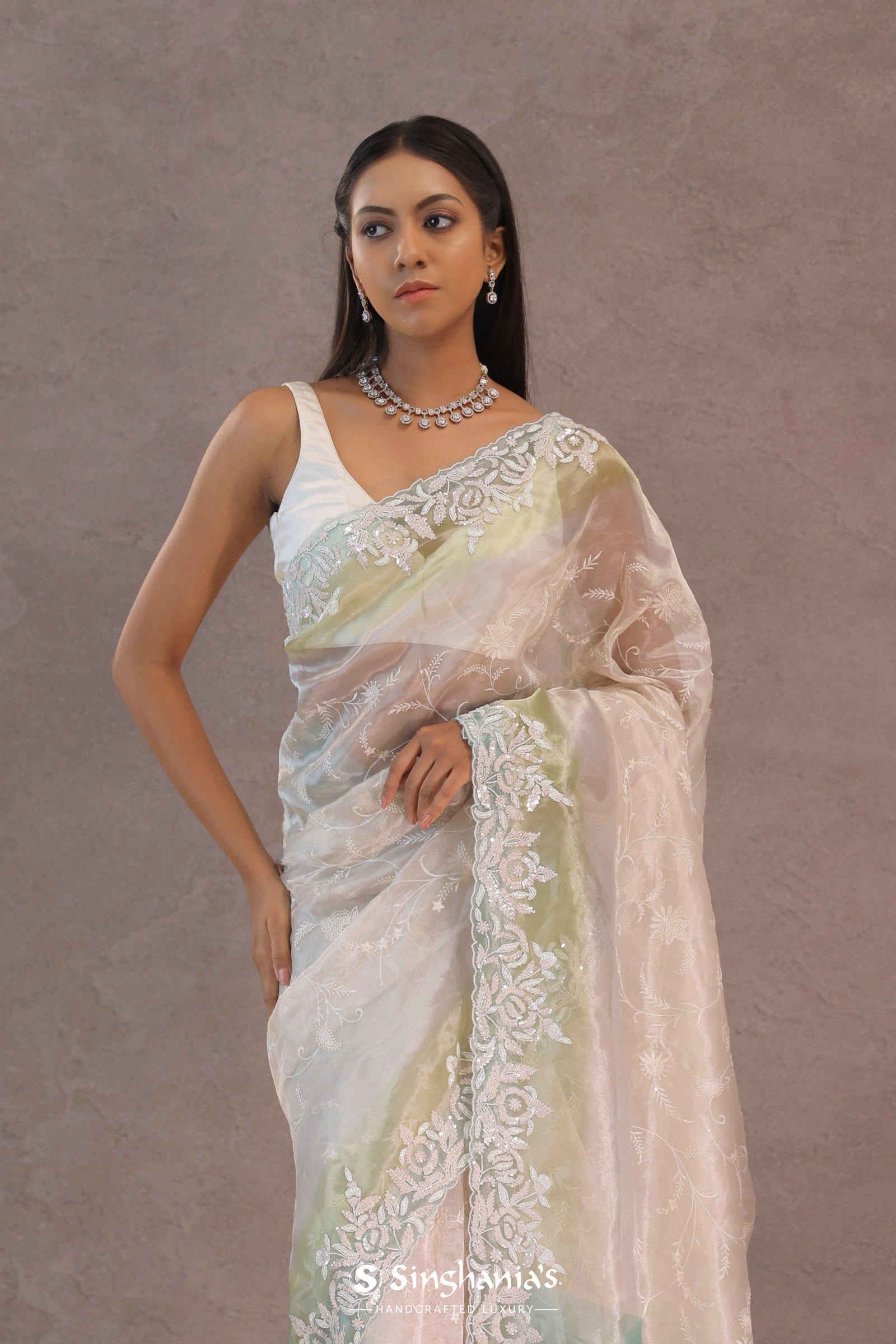 White Organza Embroidery Saree With Designer Border