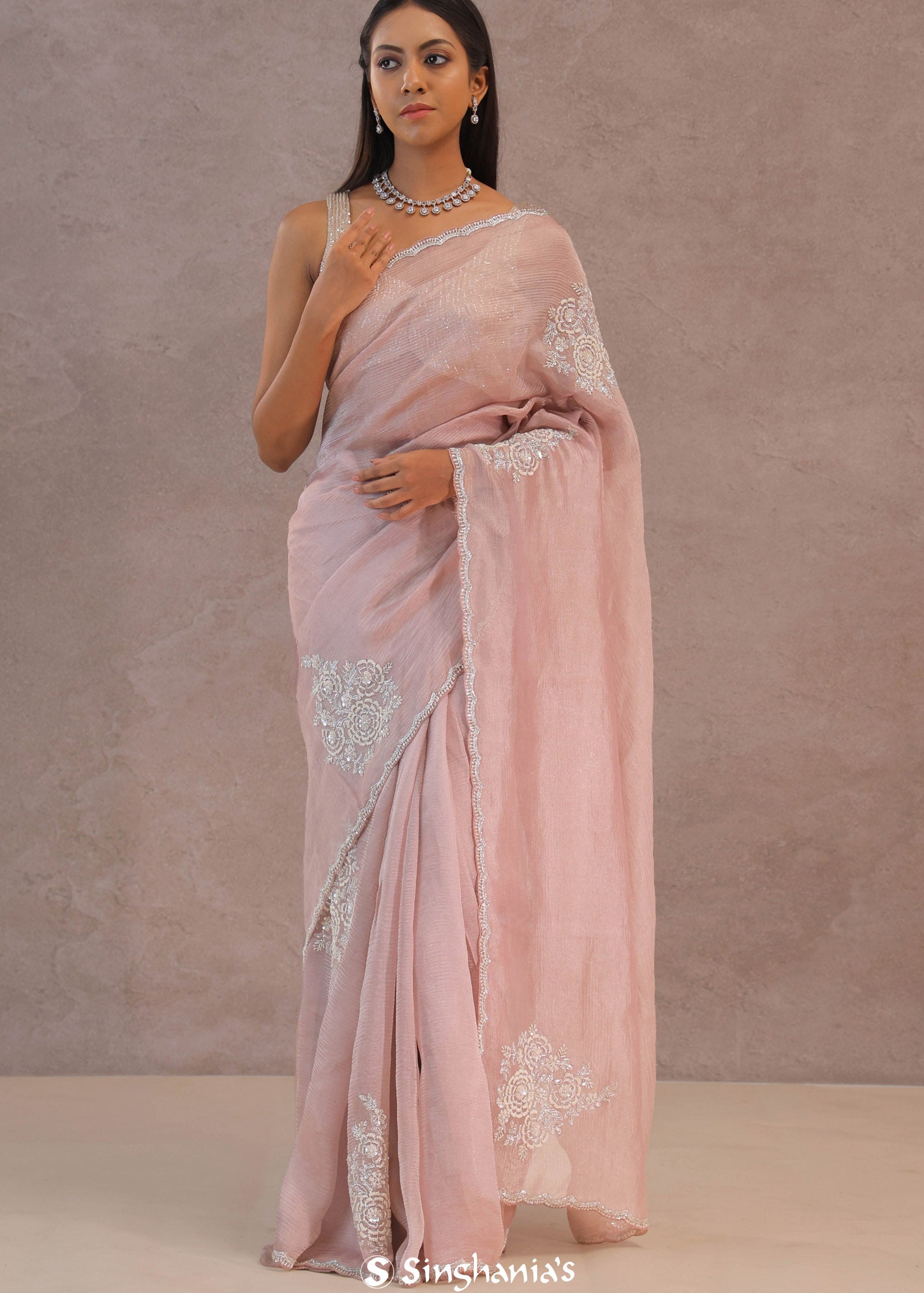 Soft Salmon Pink Crush Tissue With Embroidery Work