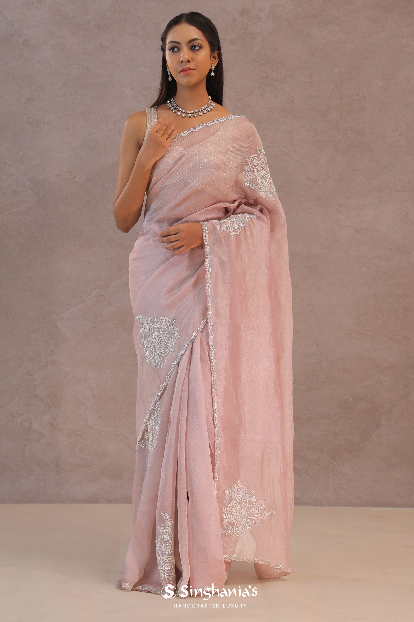 Soft Salmon Pink Crush Tissue With Embroidery Work