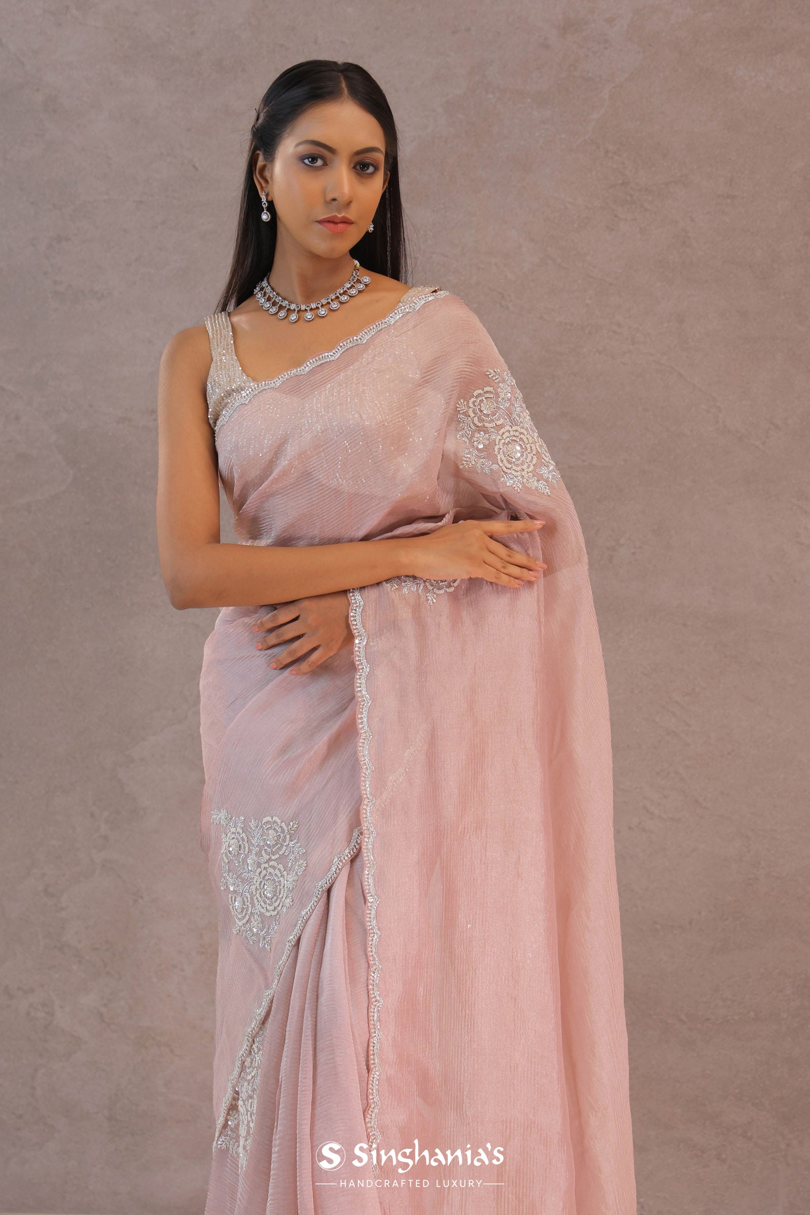 Soft Salmon Pink Crush Tissue With Embroidery Work