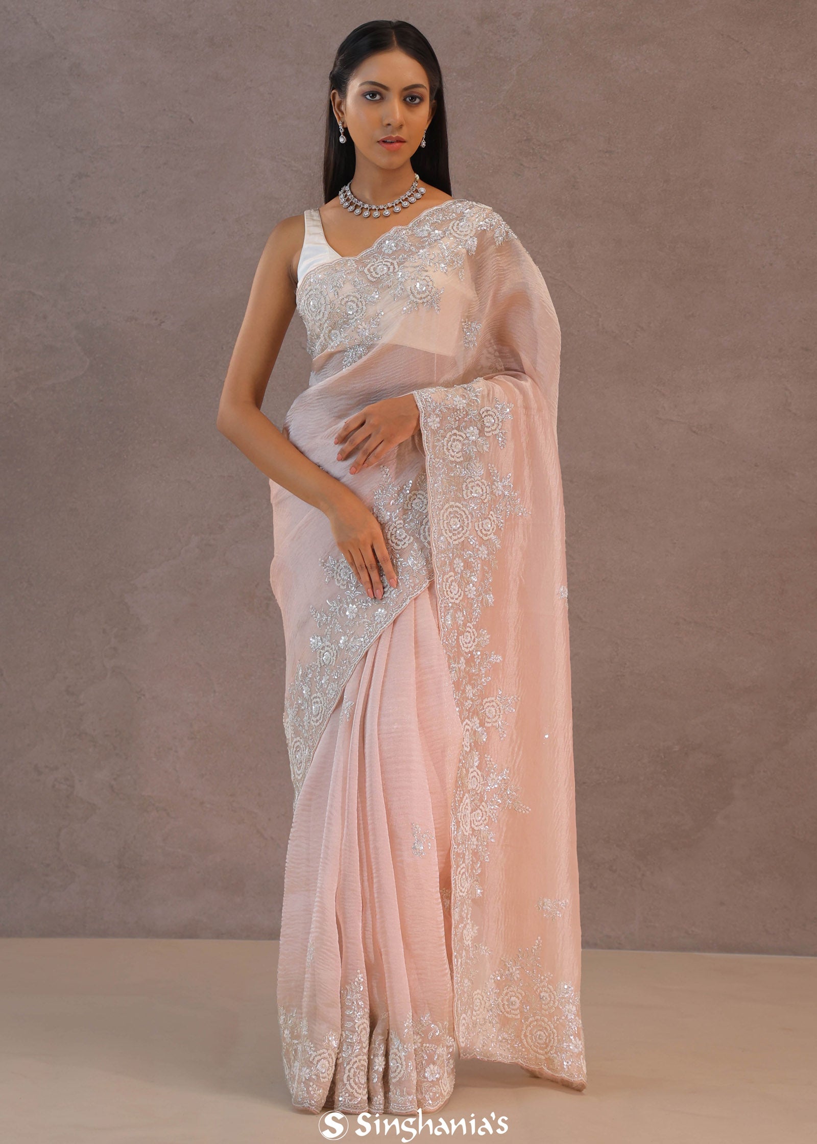 Soft Salmon Pink Crush Tissue With Embroidery Work