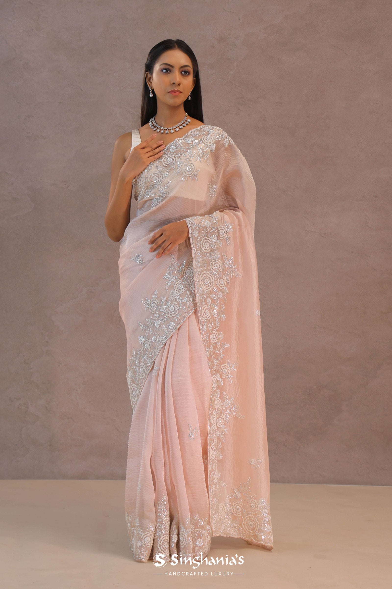 Soft Salmon Pink Crush Tissue With Embroidery Work