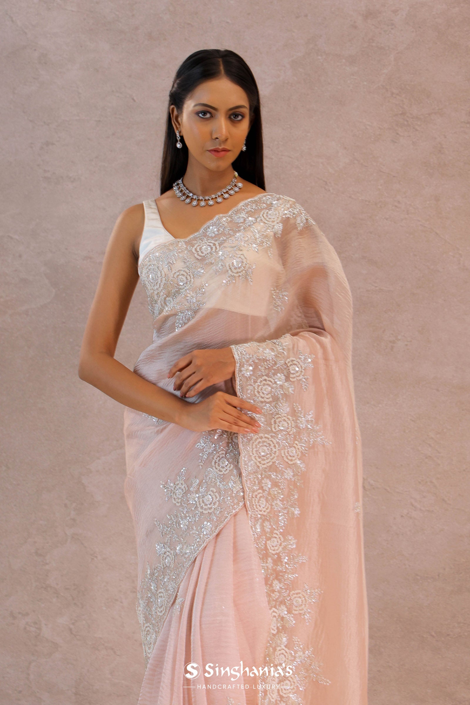 Soft Salmon Pink Crush Tissue With Embroidery Work