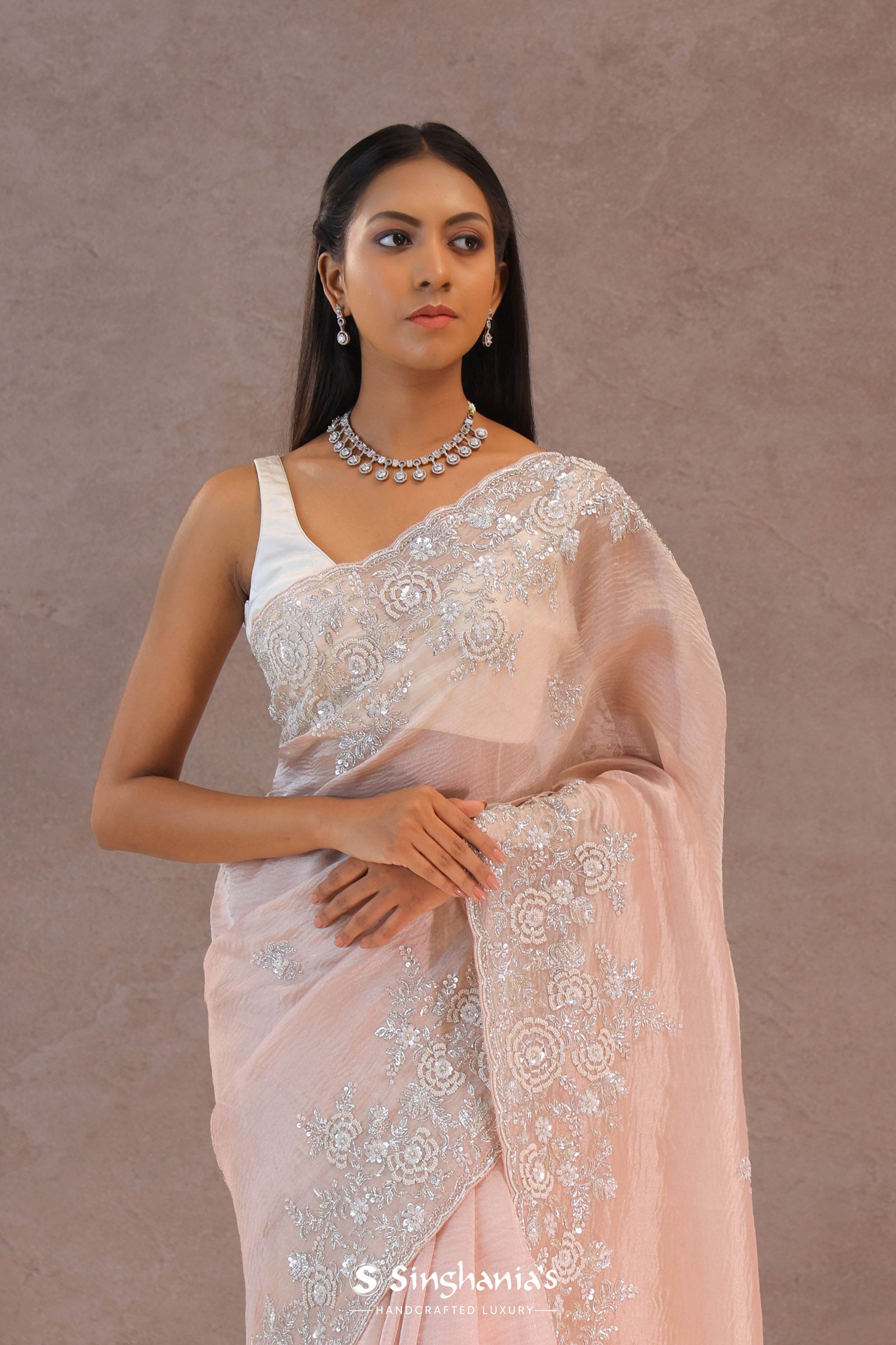 Soft Salmon Pink Crush Tissue With Embroidery Work