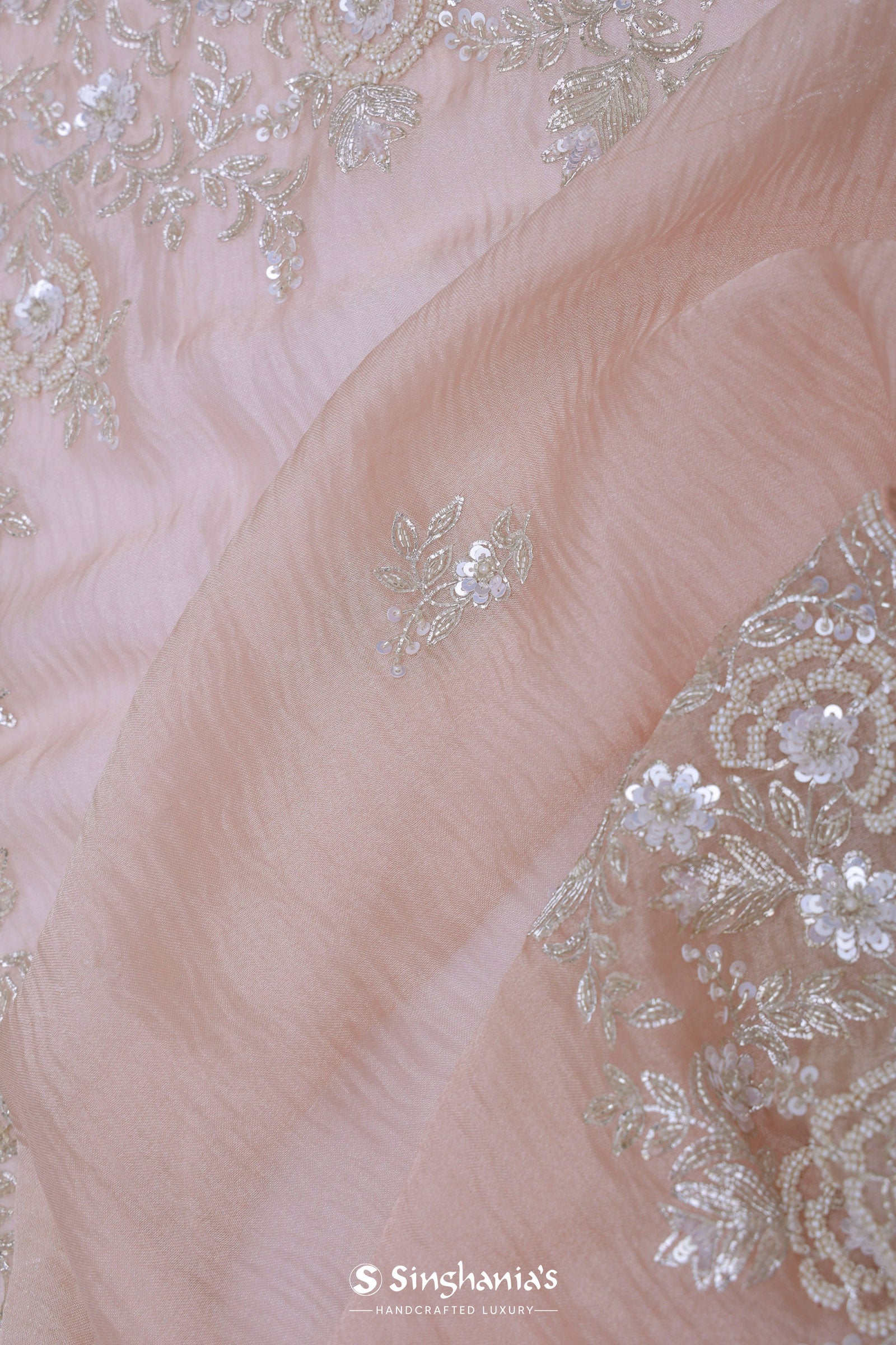 Soft Salmon Pink Crush Tissue With Embroidery Work