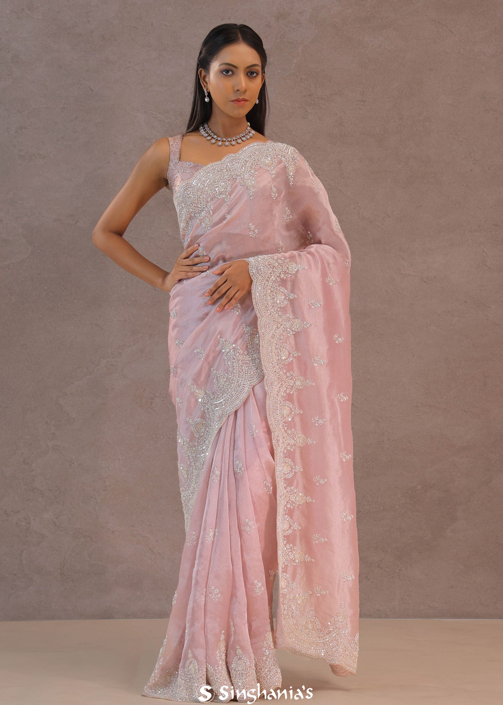 Crepe Pink Tissue Organza Embroidery Saree With Scallop Border