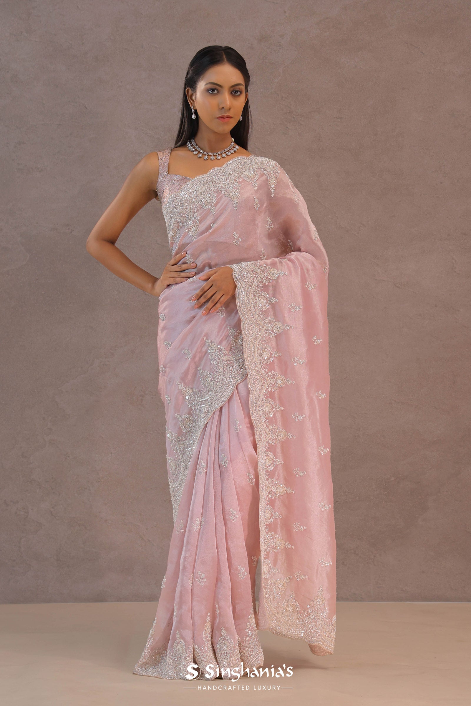 Crepe Pink Tissue Organza Embroidery Saree With Scallop Border