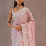 Crepe Pink Tissue Organza Embroidery Saree With Scallop Border