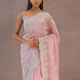 Crepe Pink Tissue Organza Embroidery Saree With Scallop Border