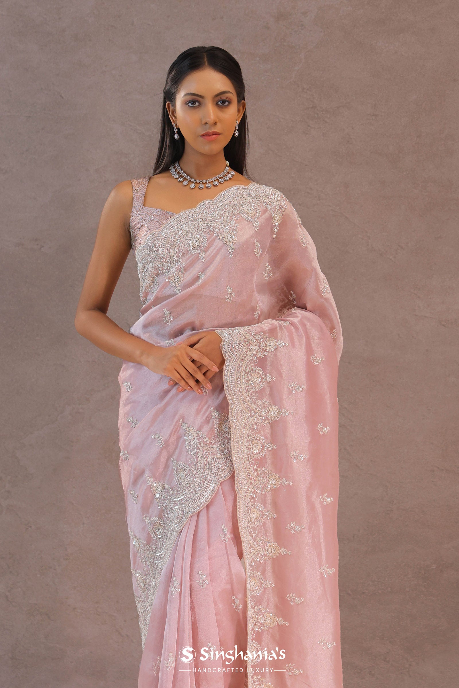 Crepe Pink Tissue Organza Embroidery Saree With Scallop Border