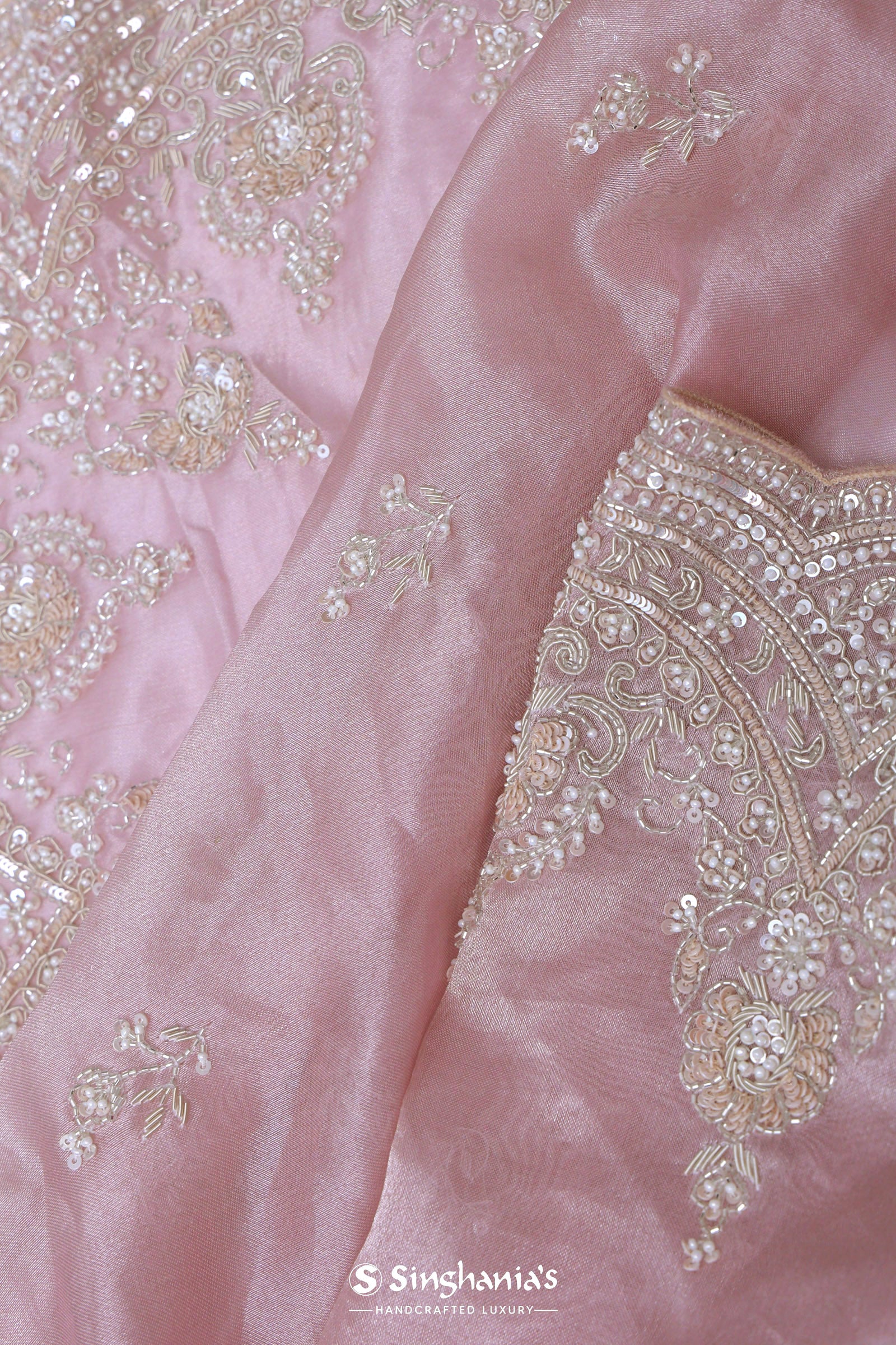 Crepe Pink Tissue Organza Embroidery Saree With Scallop Border