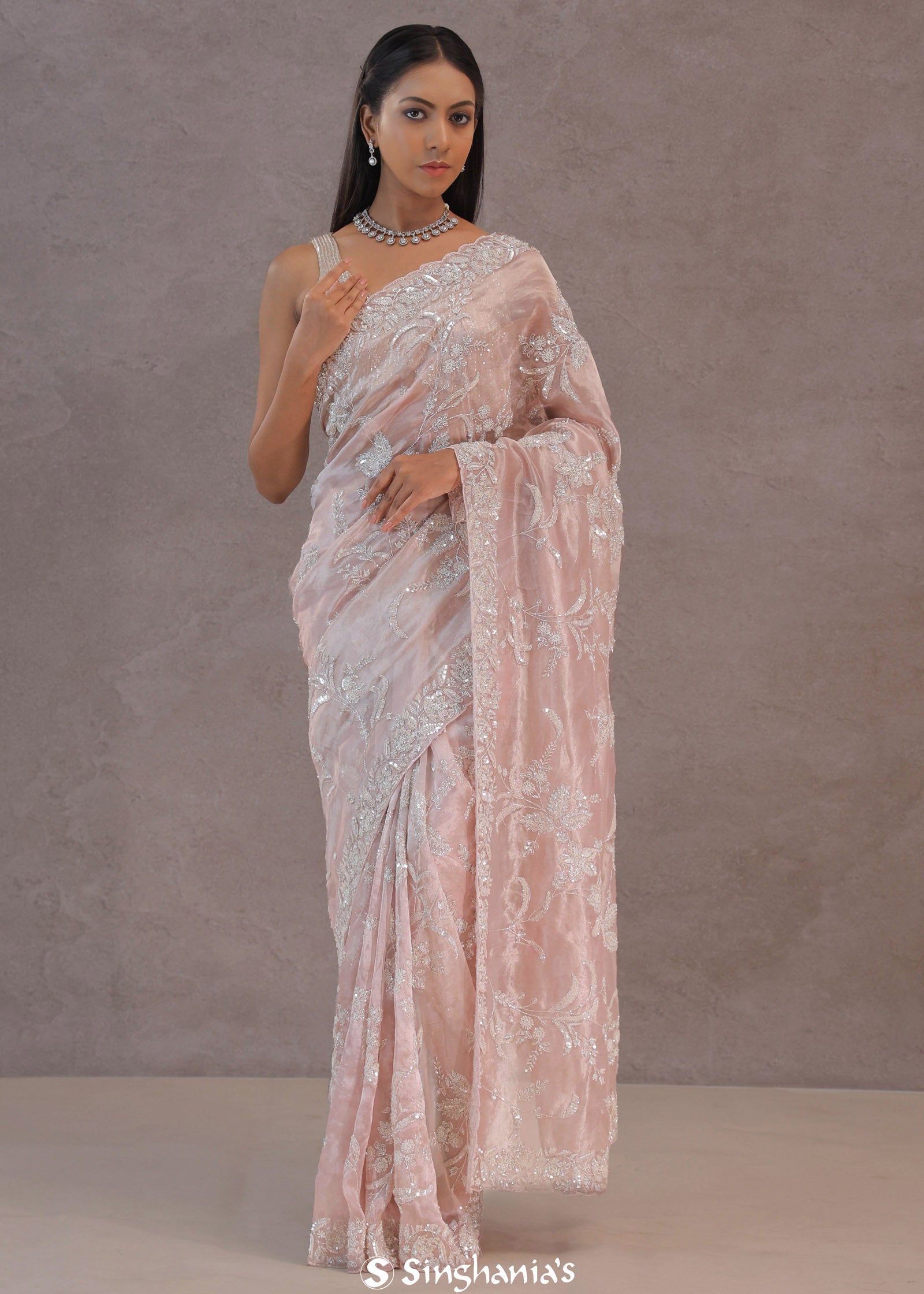 Soft Salmon Pink Tissue Organza Embroidery Saree With Scallop Border