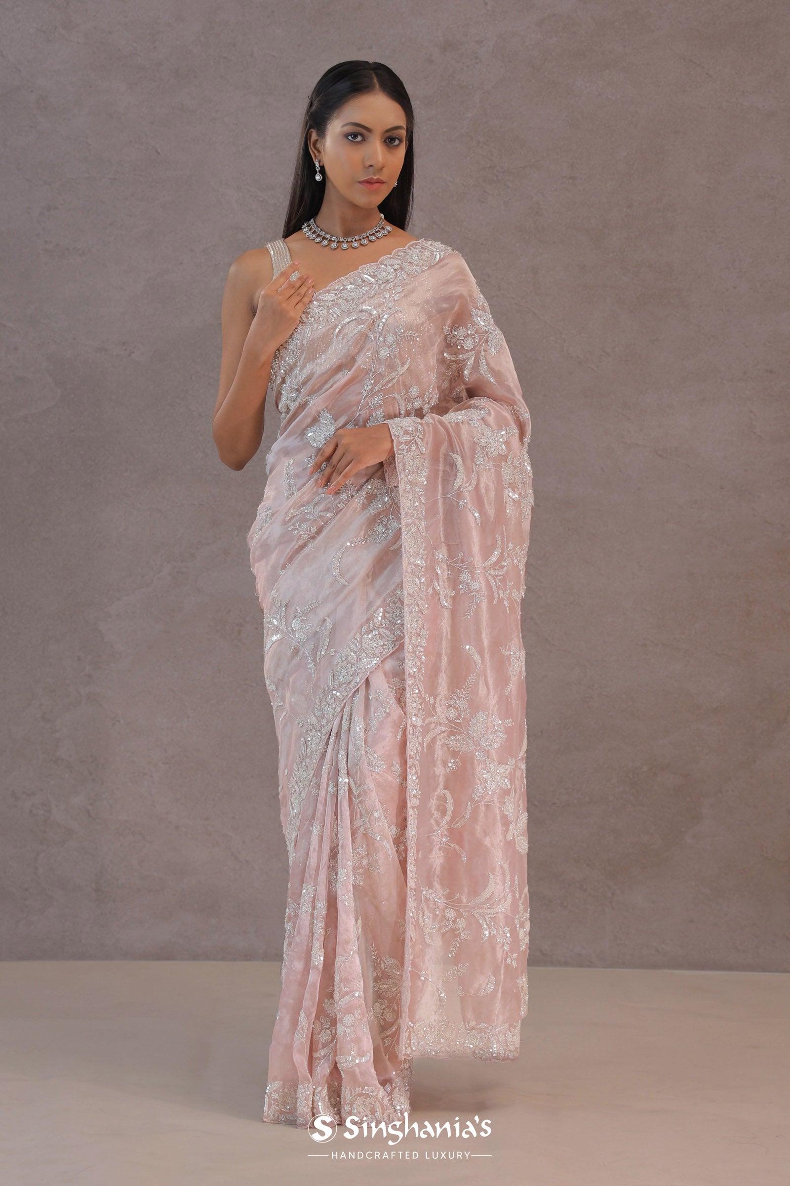 Soft Salmon Pink Tissue Organza Embroidery Saree With Scallop Border