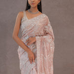 Soft Salmon Pink Tissue Organza Embroidery Saree With Scallop Border