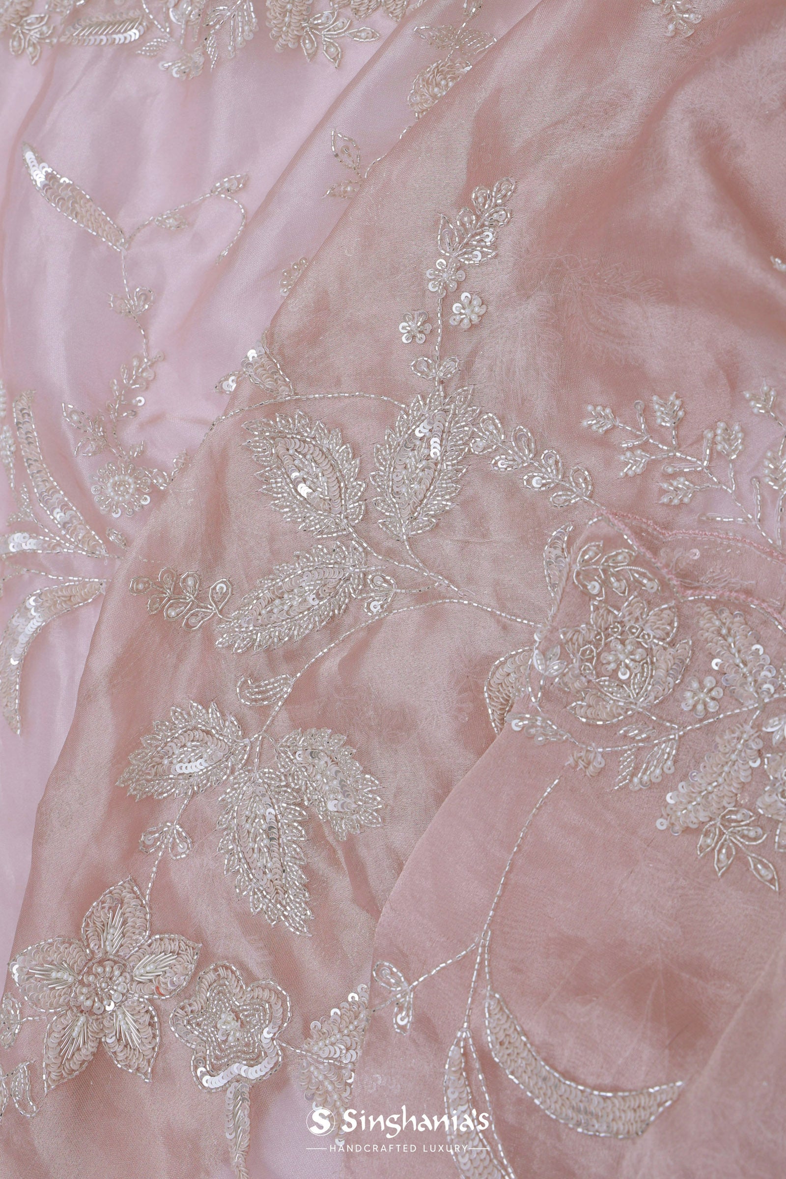 Soft Salmon Pink Tissue Organza Embroidery Saree With Scallop Border