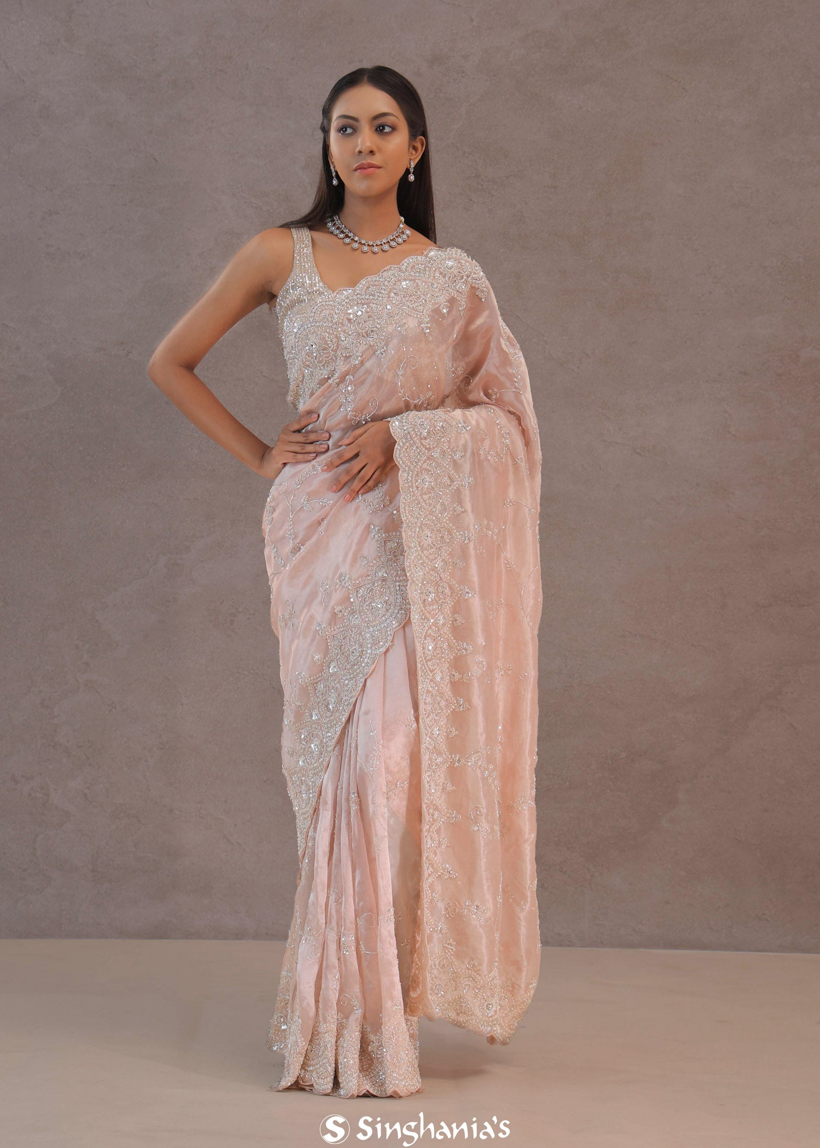 Soft Peach Tissue Organza Embroidery Saree With Scallop Border