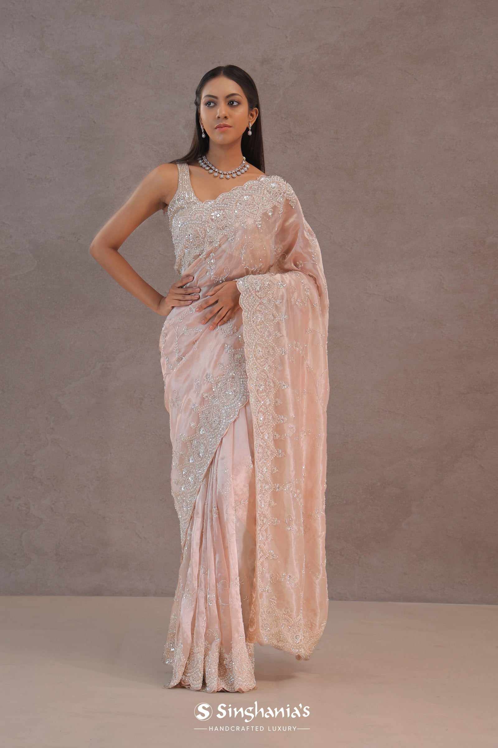 Soft Peach Tissue Organza Embroidery Saree With Scallop Border