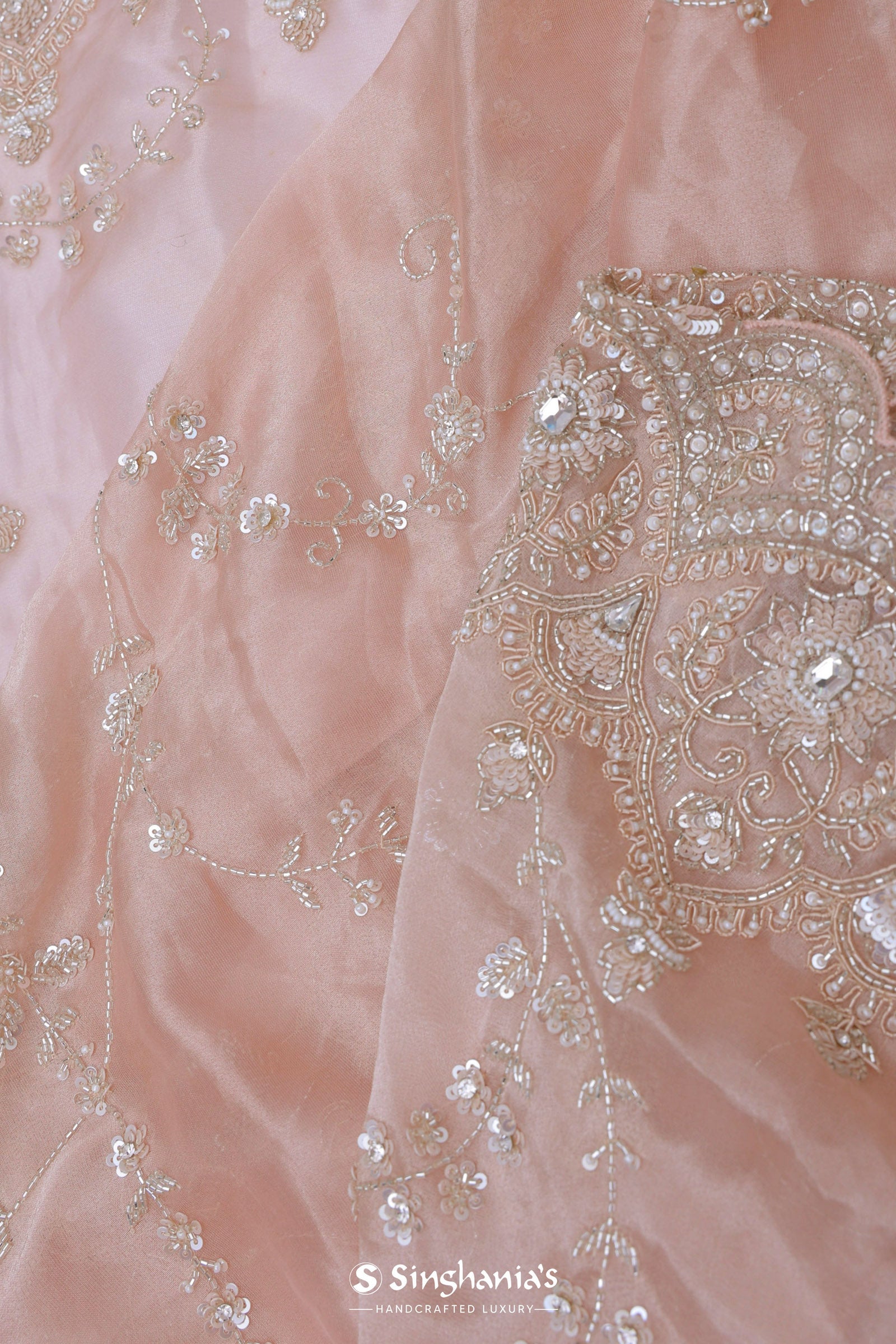 Soft Peach Tissue Organza Embroidery Saree With Scallop Border