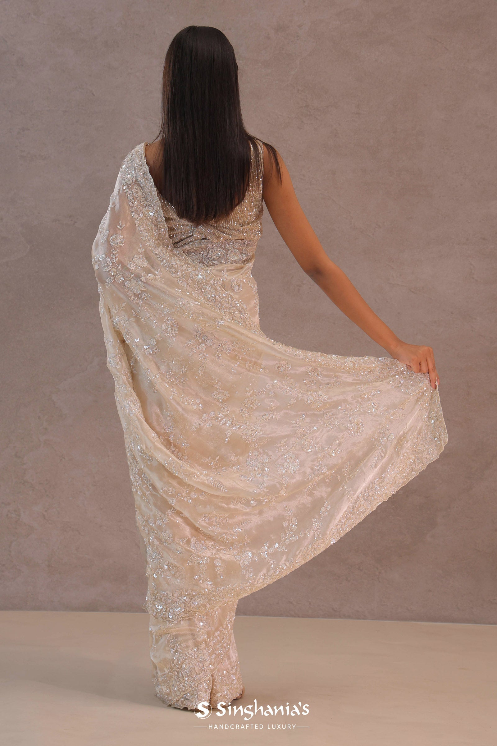 Bone White Tissue Organza Saree With Embroidery Border