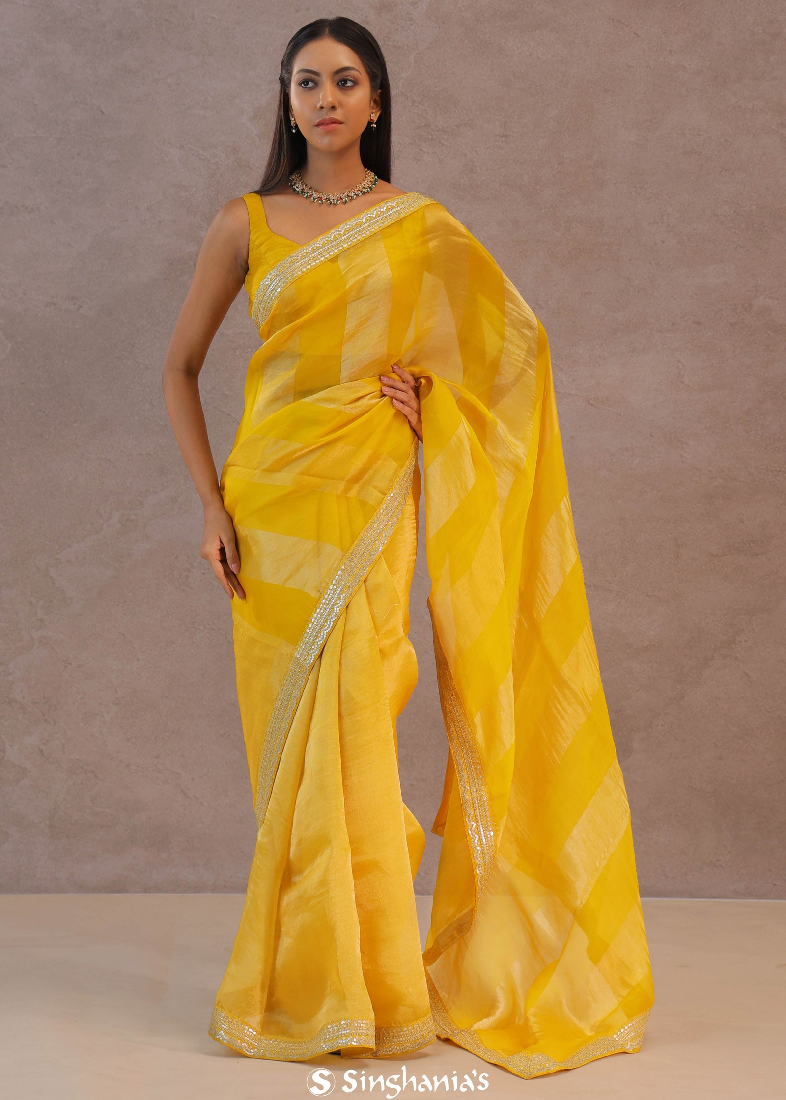 Dual Yellow Shade Organza Saree With Embroidery Work