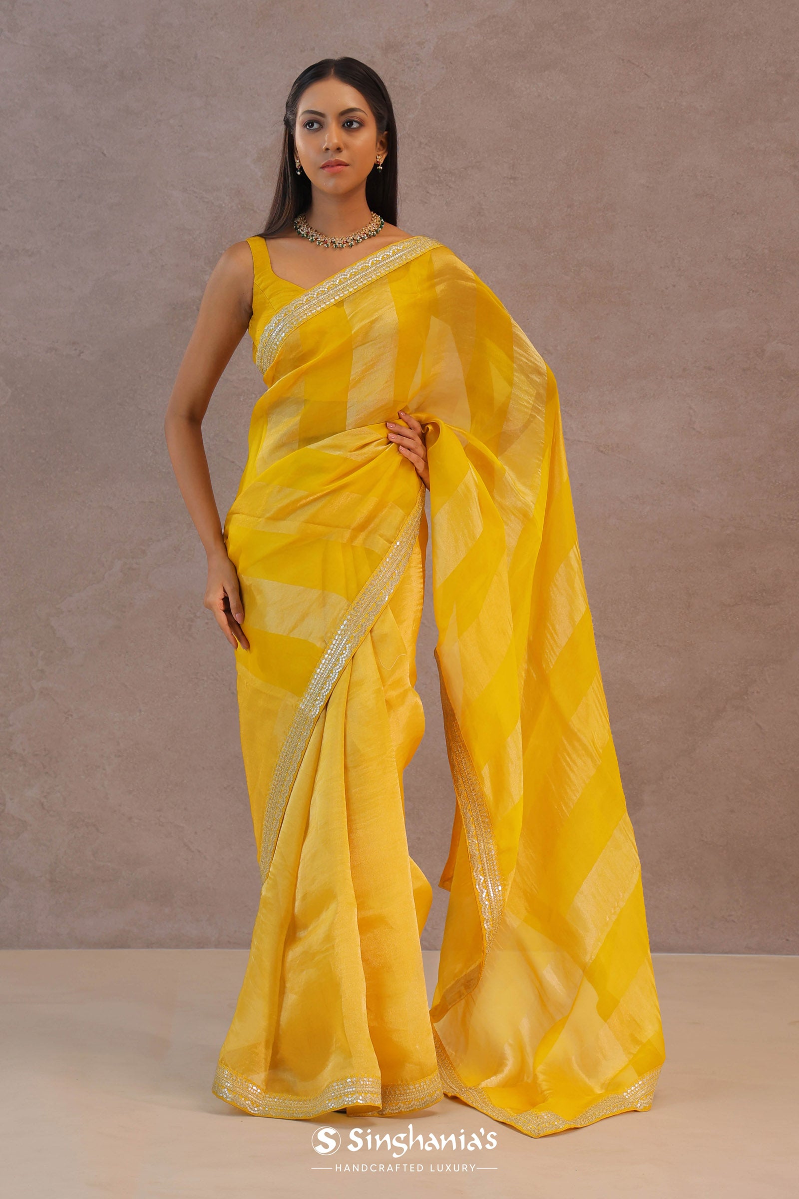 Dual Yellow Shade Organza Saree With Embroidery Work