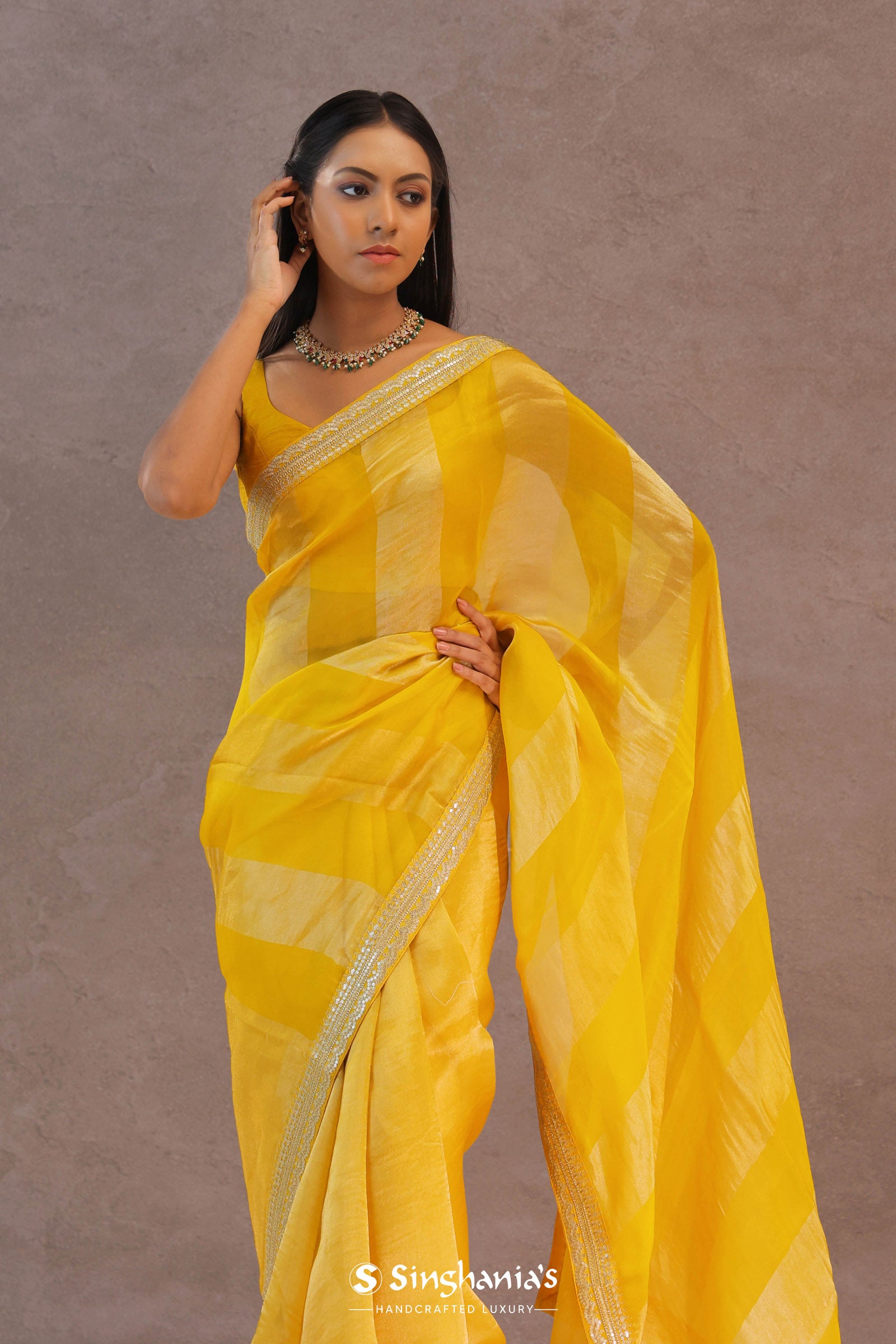 Dual Yellow Shade Organza Saree With Embroidery Work
