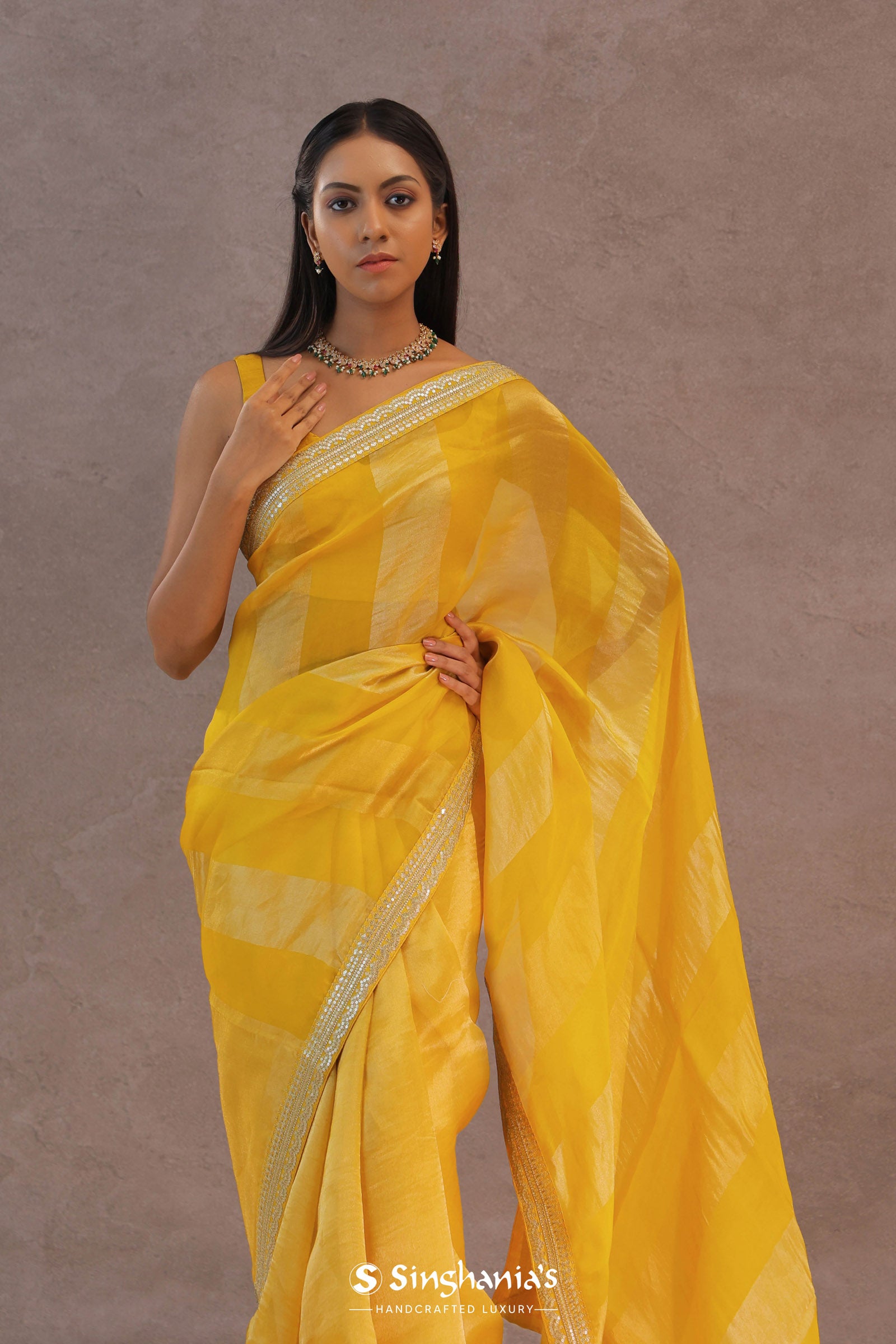 Dual Yellow Shade Organza Saree With Embroidery Work