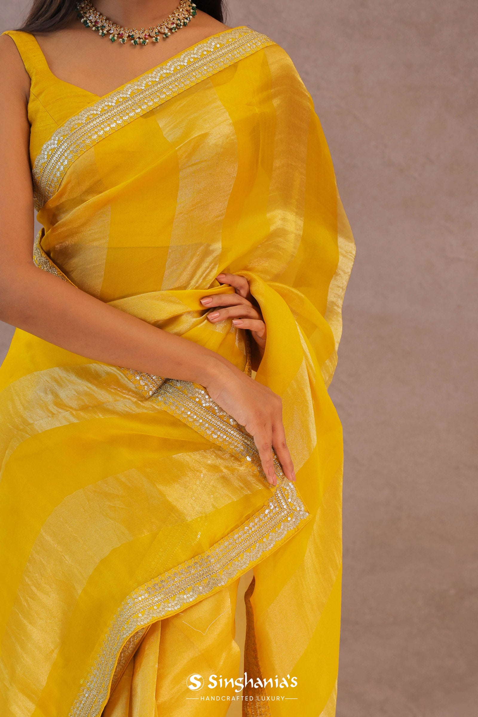 Dual Yellow Shade Organza Saree With Embroidery Work