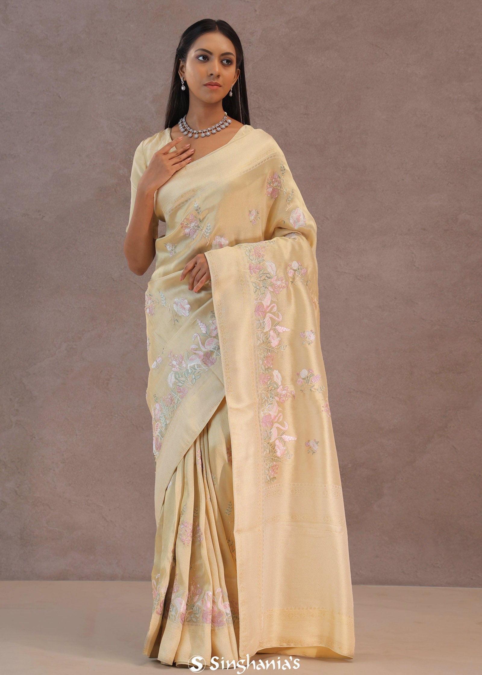 Soft Beige Soft Kanchi Silk Saree With Floral Butti