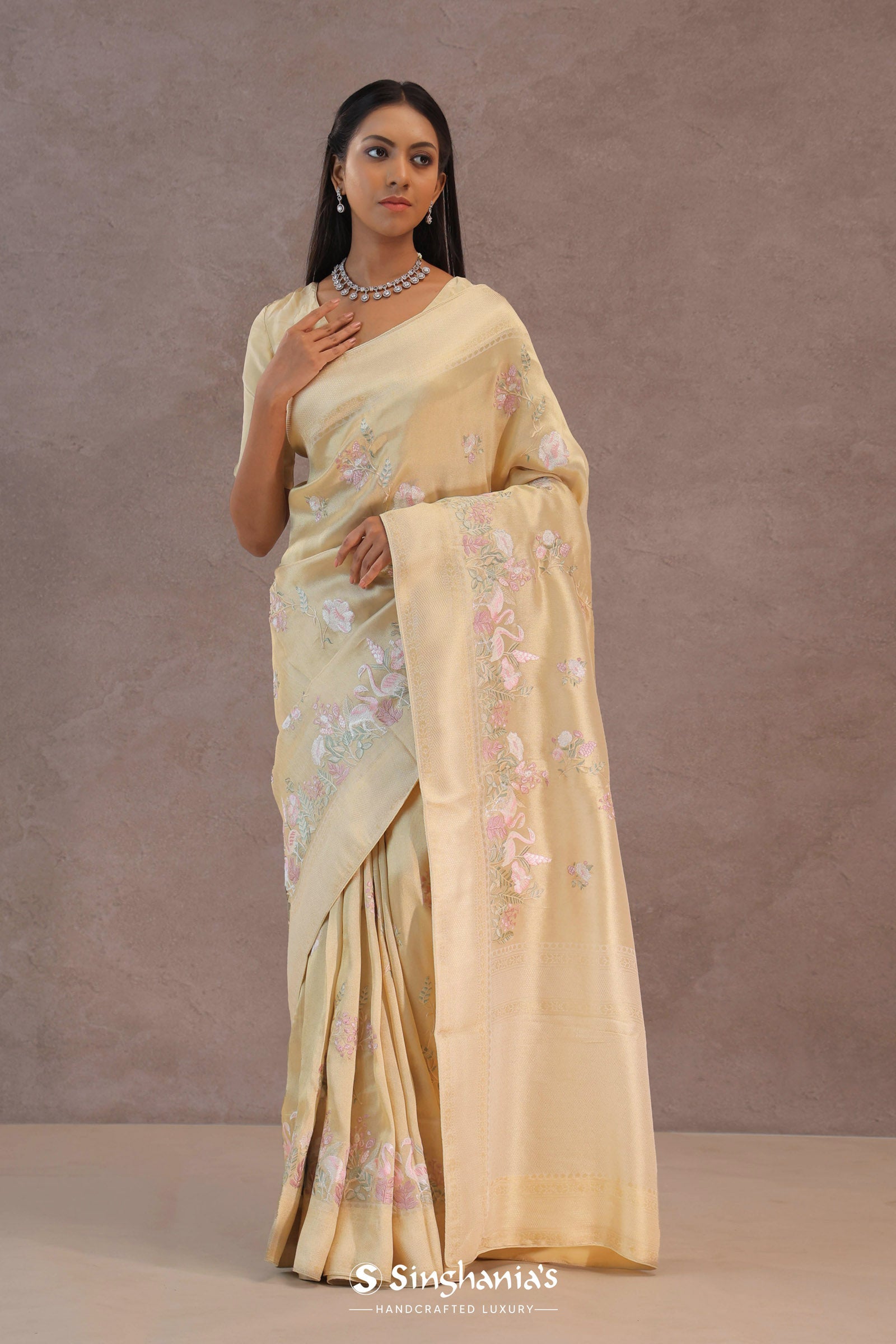 Soft Beige Soft Kanchi Silk Saree With Floral Butti