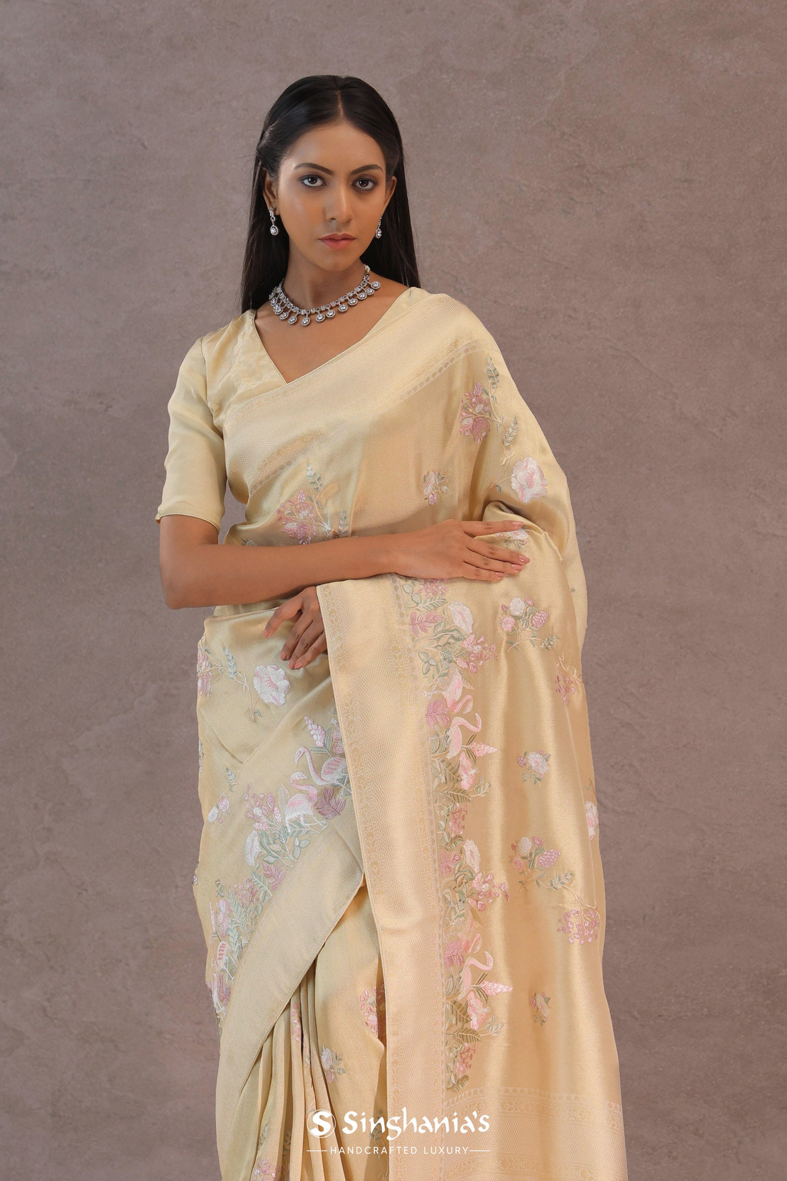 Soft Beige Soft Kanchi Silk Saree With Floral Butti