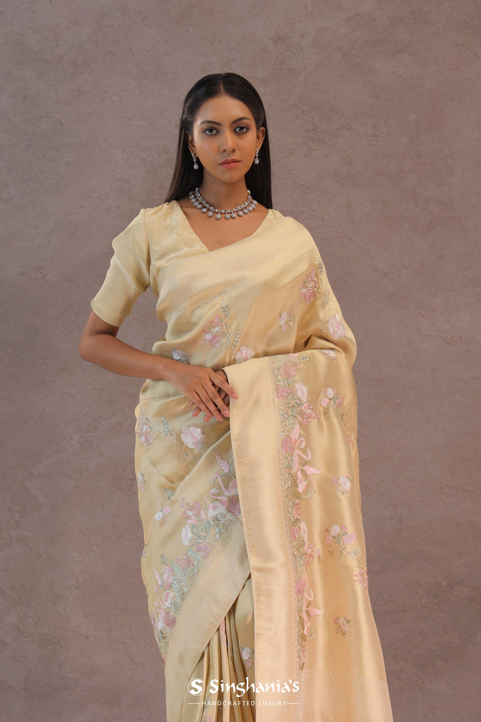 Soft Beige Soft Kanchi Silk Saree With Floral Butti
