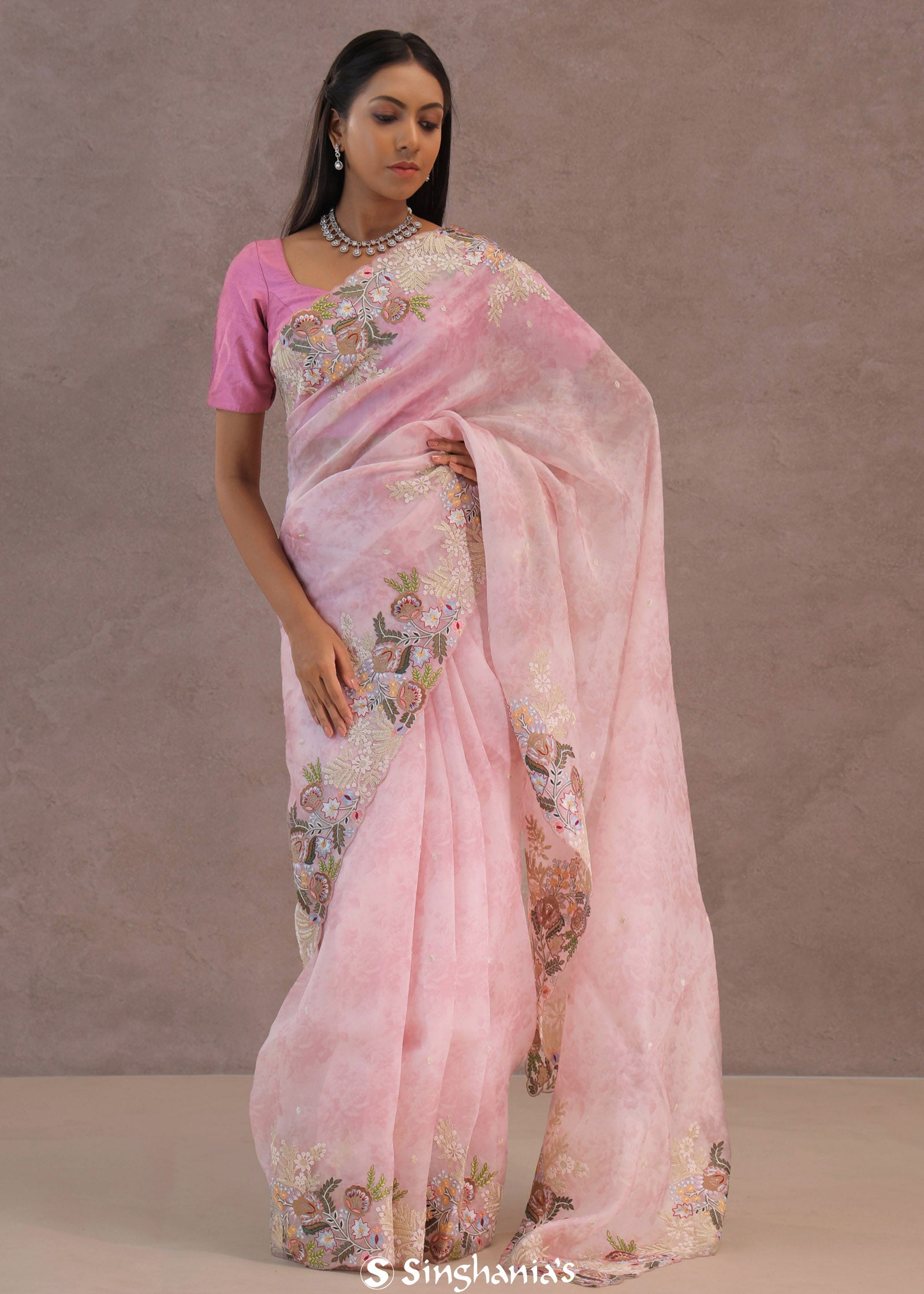 Blush Pink Organza Embroidery Saree With Floral Border