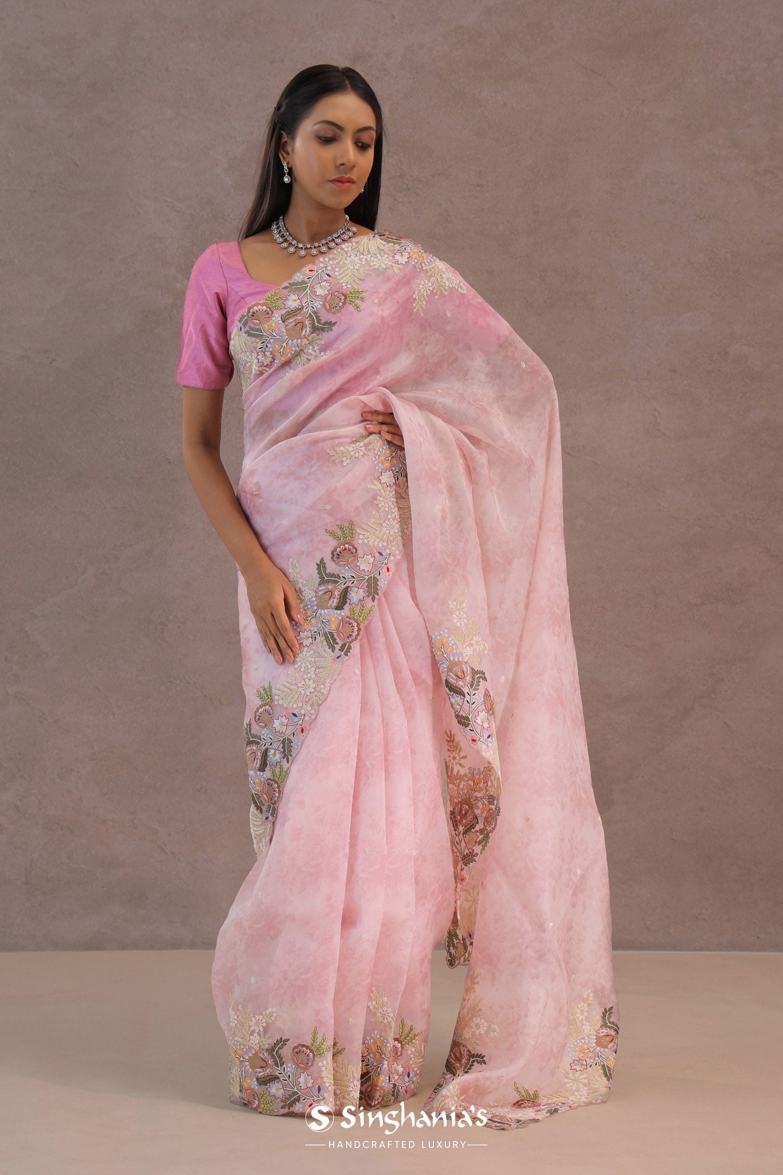 Blush Pink Organza Embroidery Saree With Floral Border