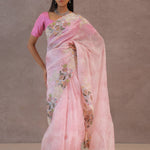 Blush Pink Organza Embroidery Saree With Floral Border