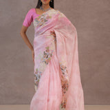 Blush Pink Organza Embroidery Saree With Floral Border