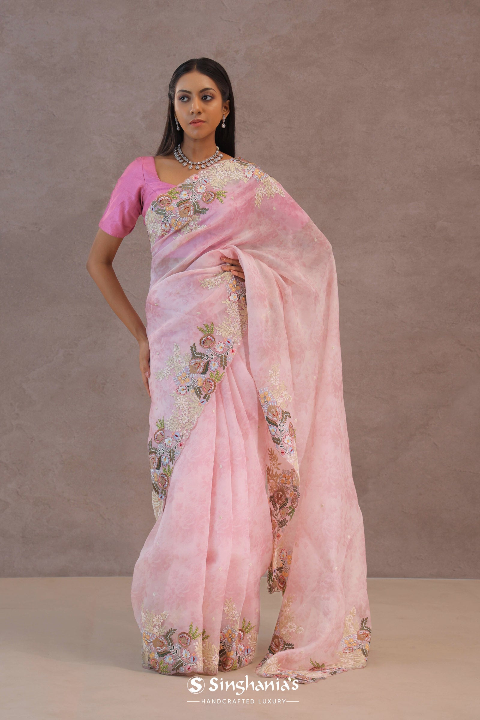 Blush Pink Organza Embroidery Saree With Floral Border