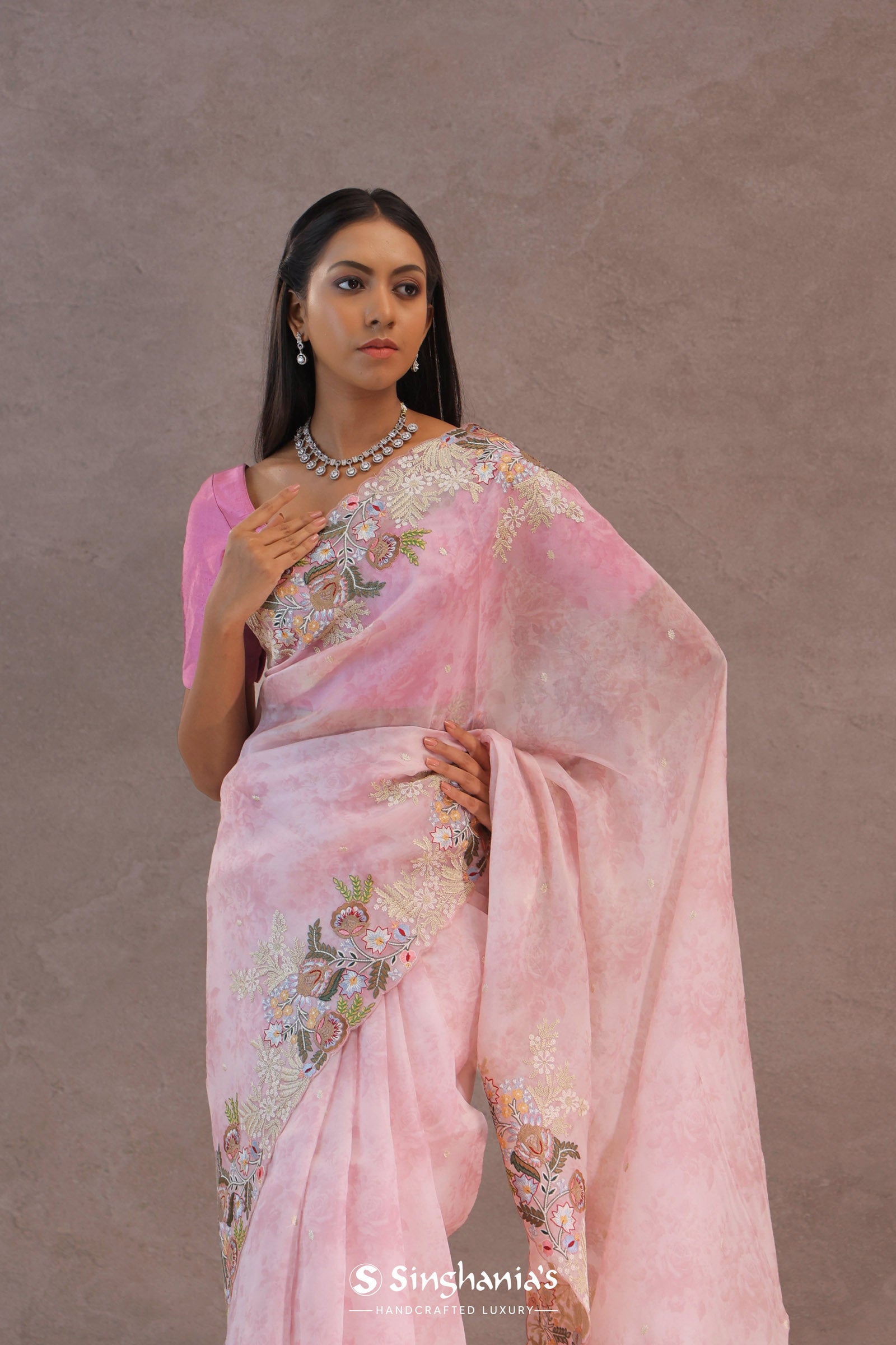 Blush Pink Organza Embroidery Saree With Floral Border