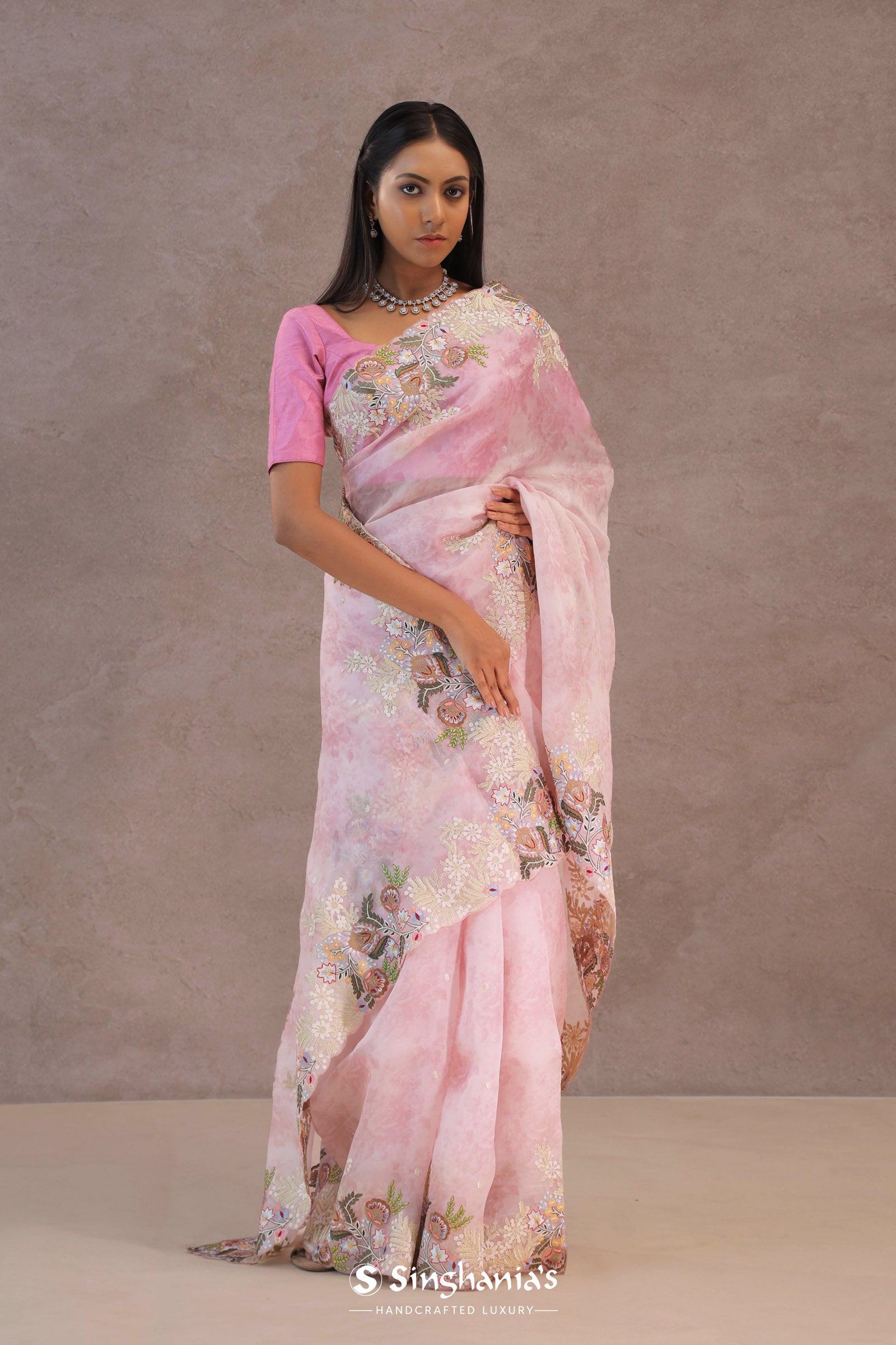 Blush Pink Organza Embroidery Saree With Floral Border