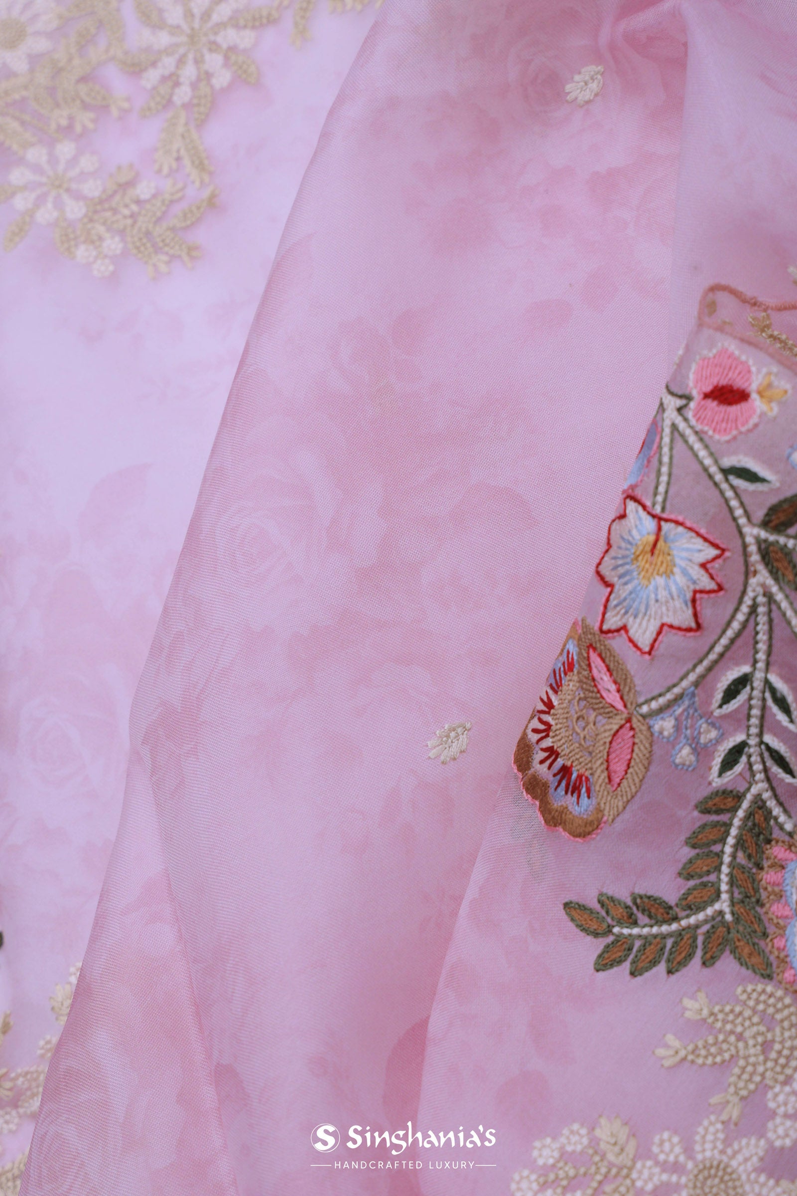 Blush Pink Organza Embroidery Saree With Floral Border