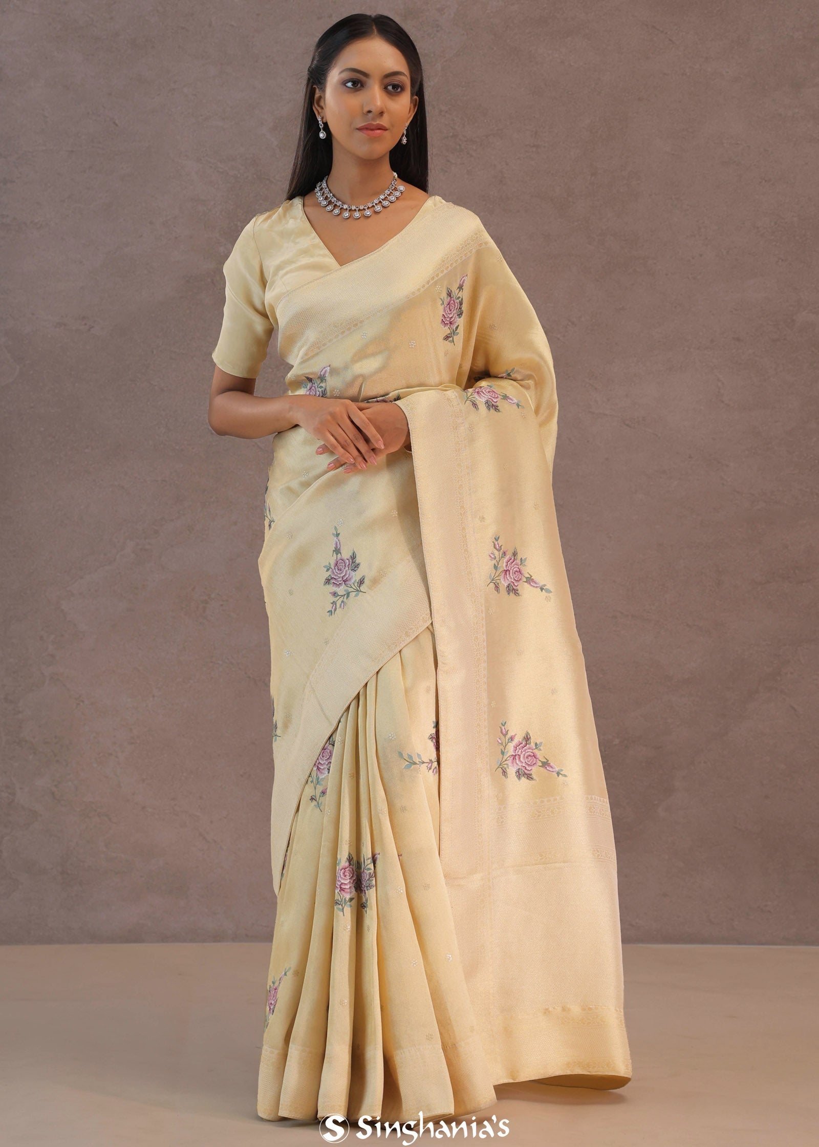 Soft Beige Soft Kanchi Silk Saree With Petit Point Buttis