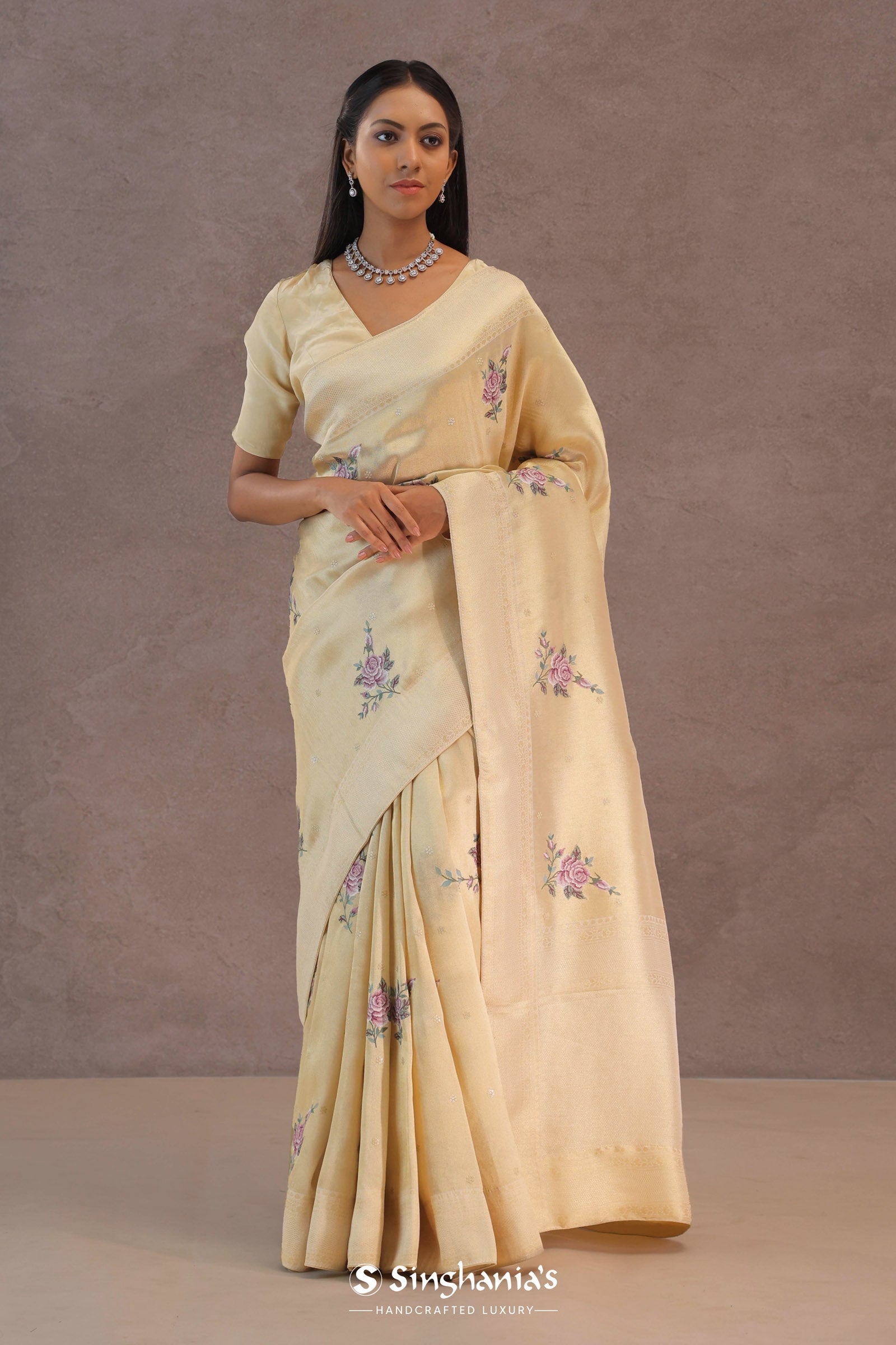 Soft Beige Soft Kanchi Silk Saree With Petit Point Buttis