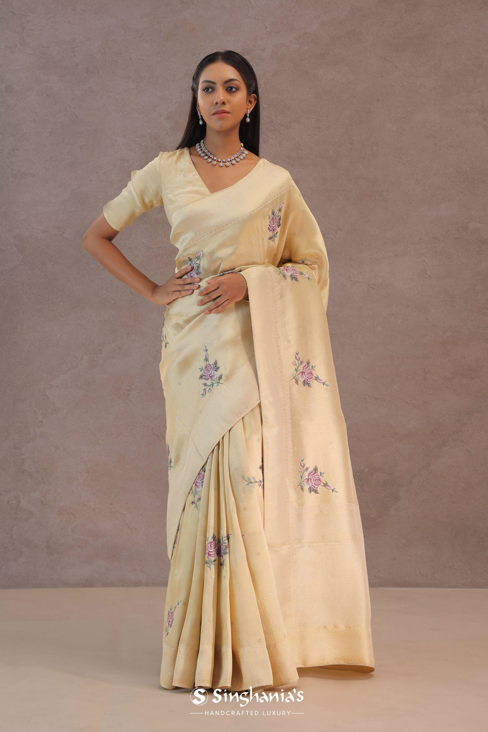 Soft Beige Soft Kanchi Silk Saree With Petit Point Buttis