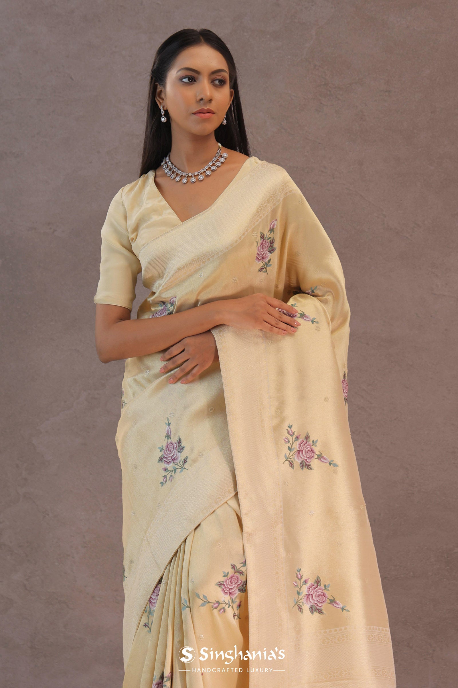 Soft Beige Soft Kanchi Silk Saree With Petit Point Buttis