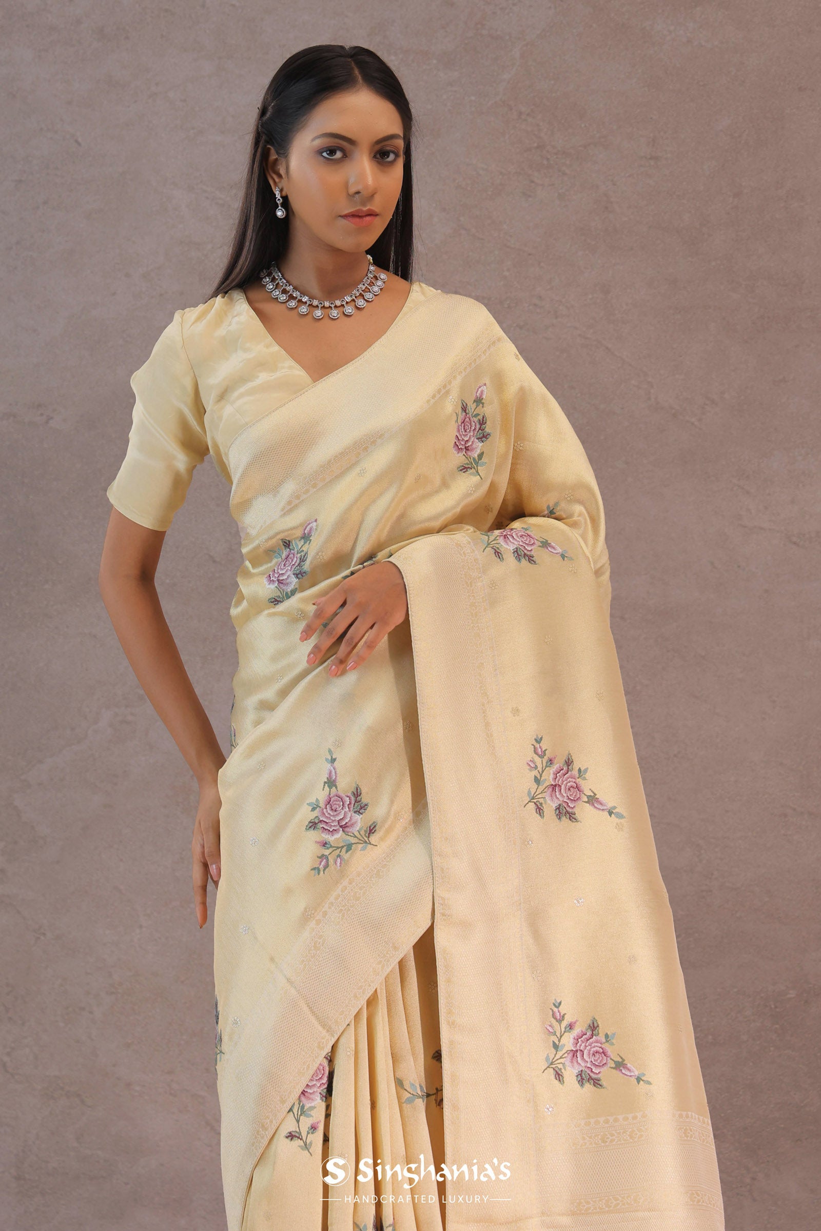 Soft Beige Soft Kanchi Silk Saree With Petit Point Buttis